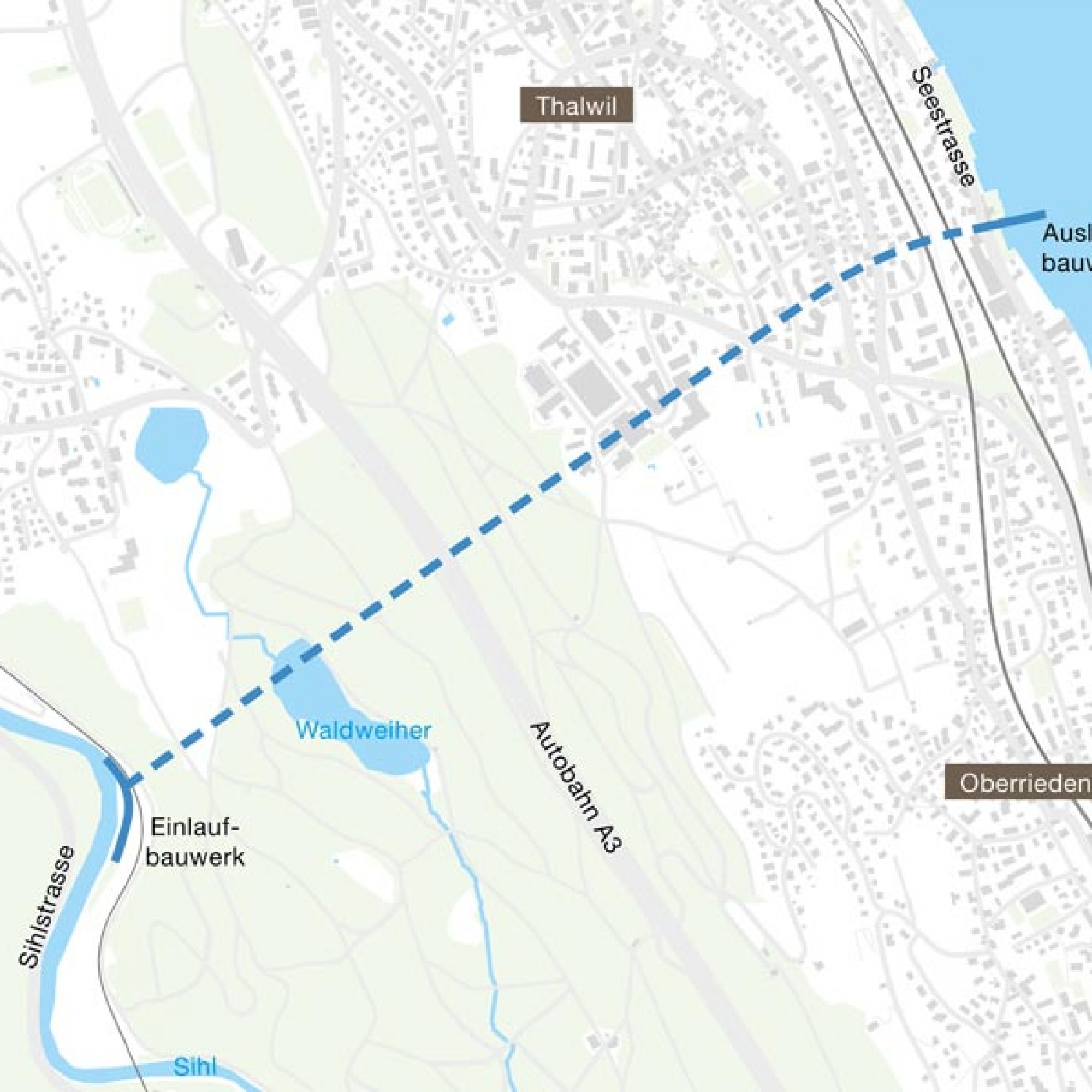 Der Entlastungstollen würde von der Sihl oberhalb Langnau am Albis in den Zürichsee bei Thalwil verlaufen.