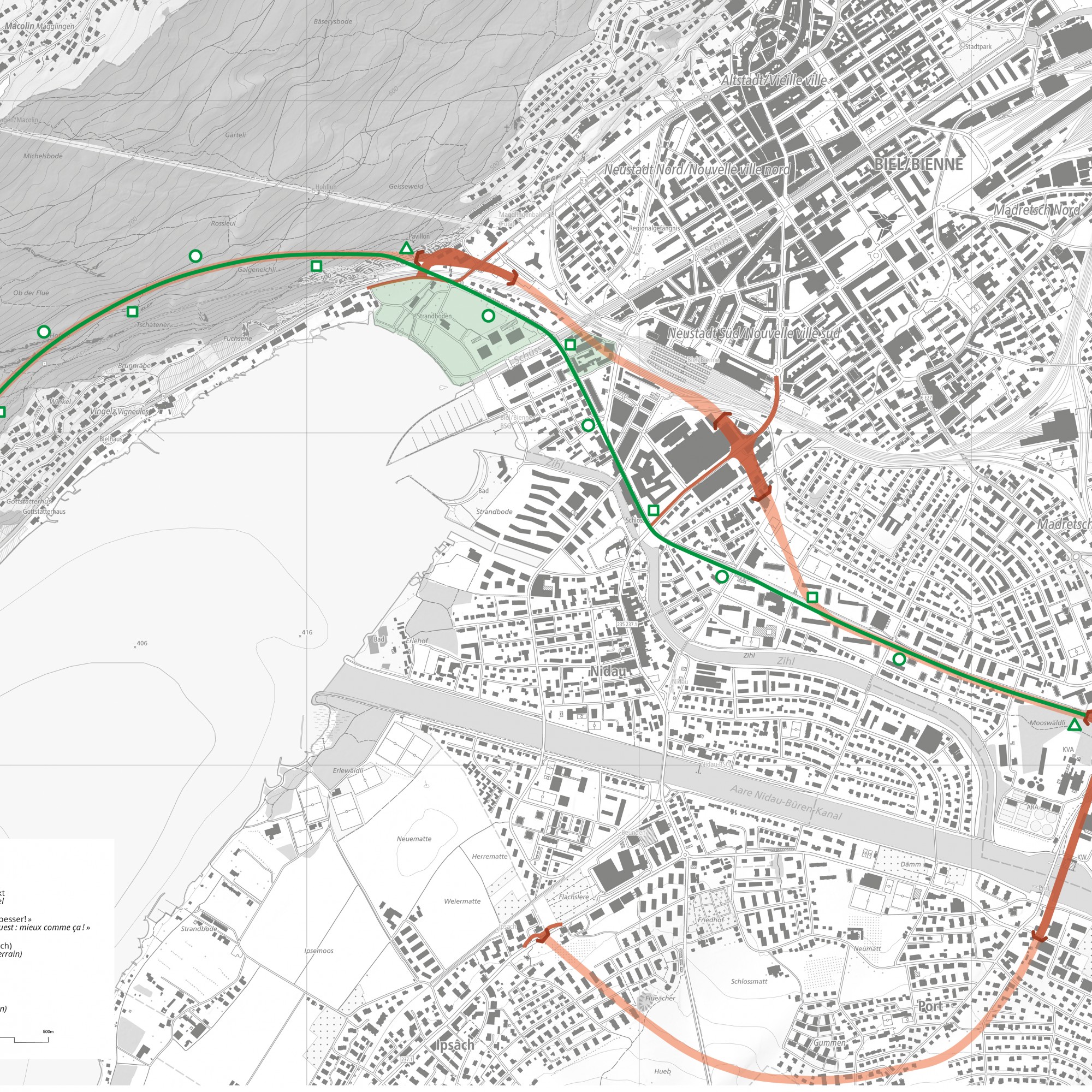 Der Alternativ-Vorschlag des offiziellen Westast-Projekts in Biel sieht für den Tunnel eine andere Linienführung vor.