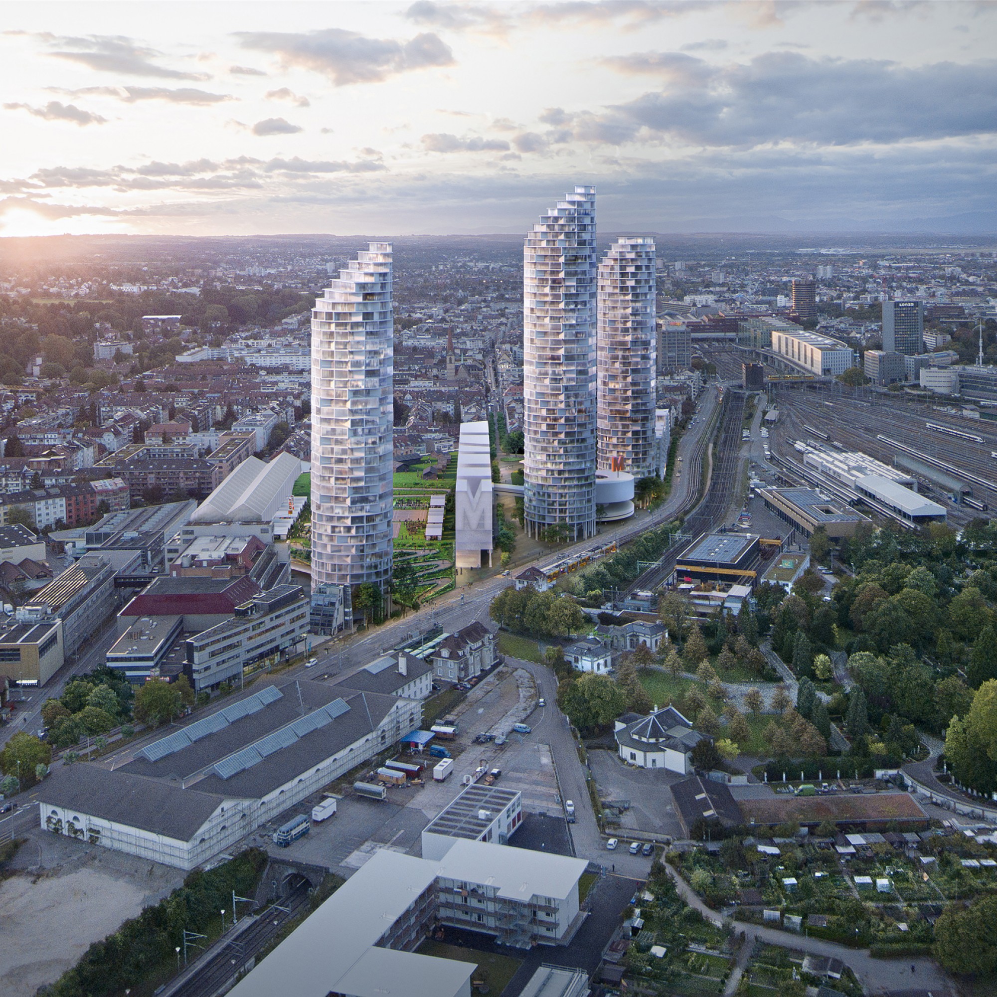 Insgesamt rund 800 Wohnungen in mehreren Gebäuden – darunter drei bis zu 160 Meter hohe Wohntürme – sollen künftig an der Nordspitze des Basler Dreispitz-Areals entstehen.