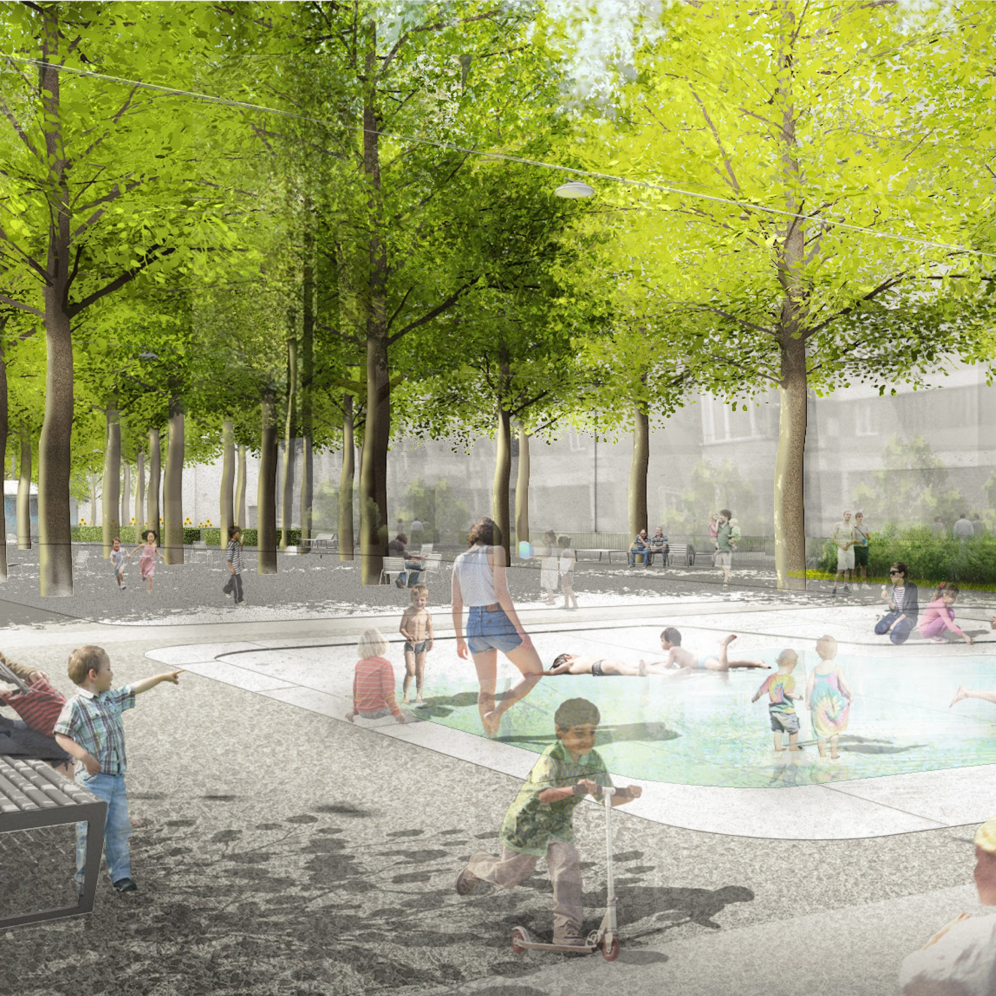 Wasserbecken und Buvette: Der Winkelriedplatz in Basel wird zum Treffpunkt für Jung und Alt.