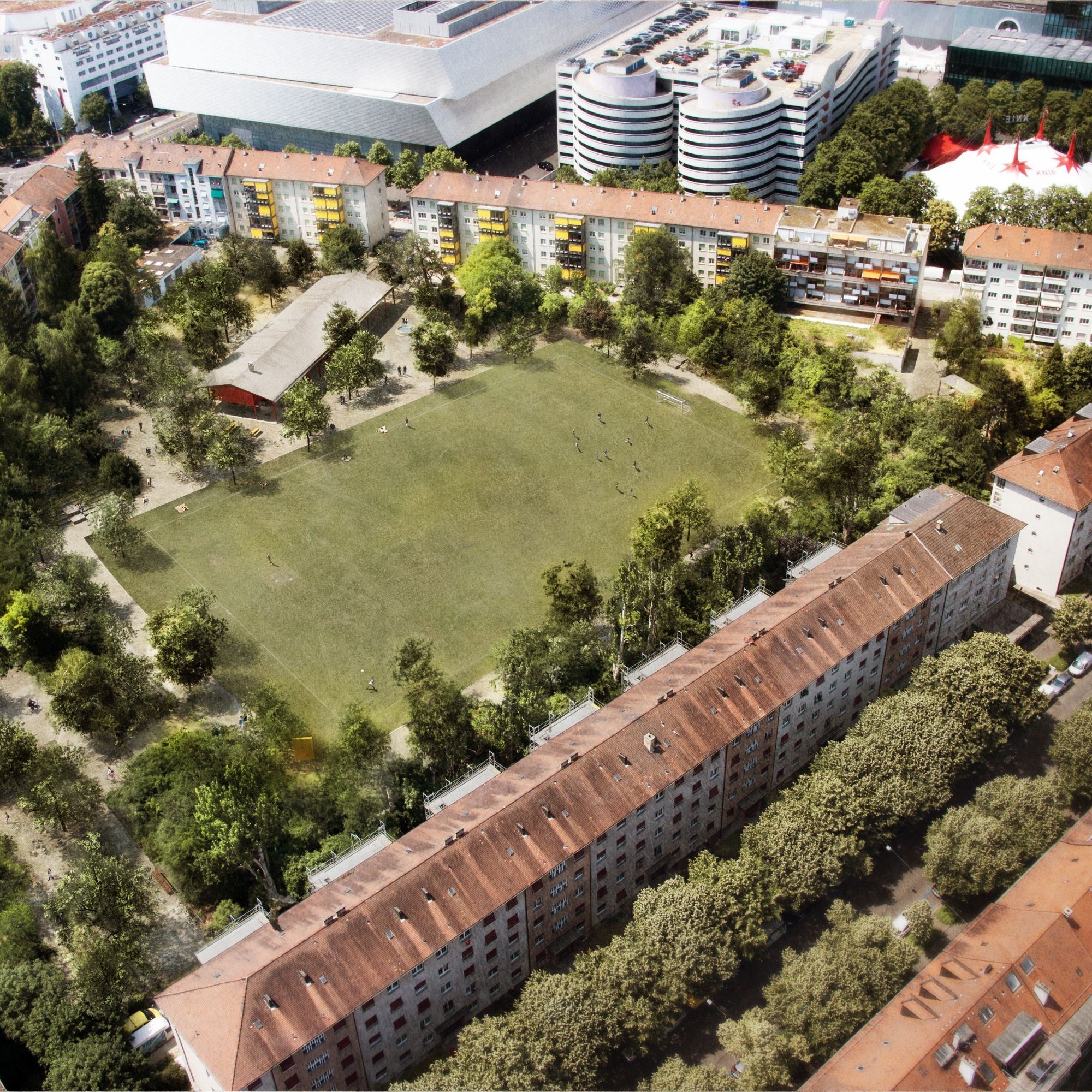 Das umgestaltete Landhof-Areal aus der Vogelperspektive