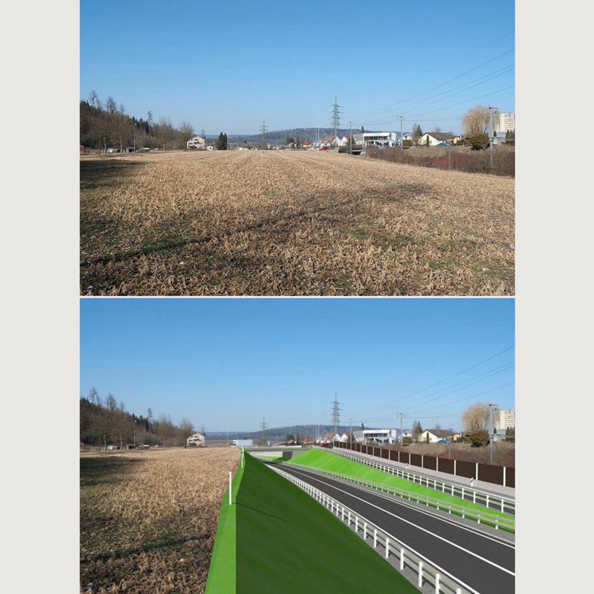 Autobahnzubringer Hausen Richtung Brugg: Oben die heutige Situation bei der Kantonsstrasse 128, unten die neue Strasse mit Anschlussrampe Windisch und neuem Brückenbauwerk im Bereich des heutigen Anschlusses.