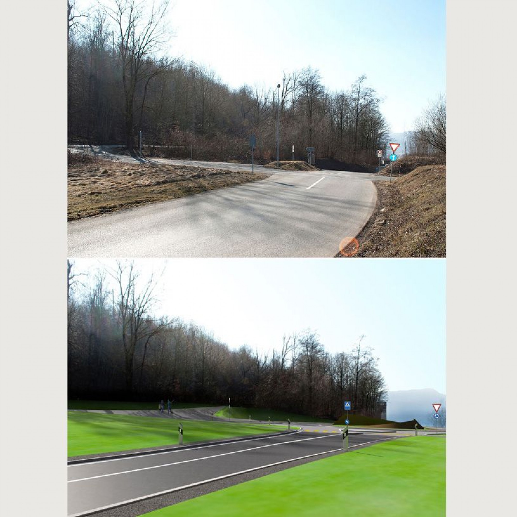 Schwerverkehrspiste Hunziker Richtung Röhrenlager: Oben die heutige Strasse, unten der künftige Kreisel Unterwerkstrasse auf der neuen Kantonsstrasse 128.