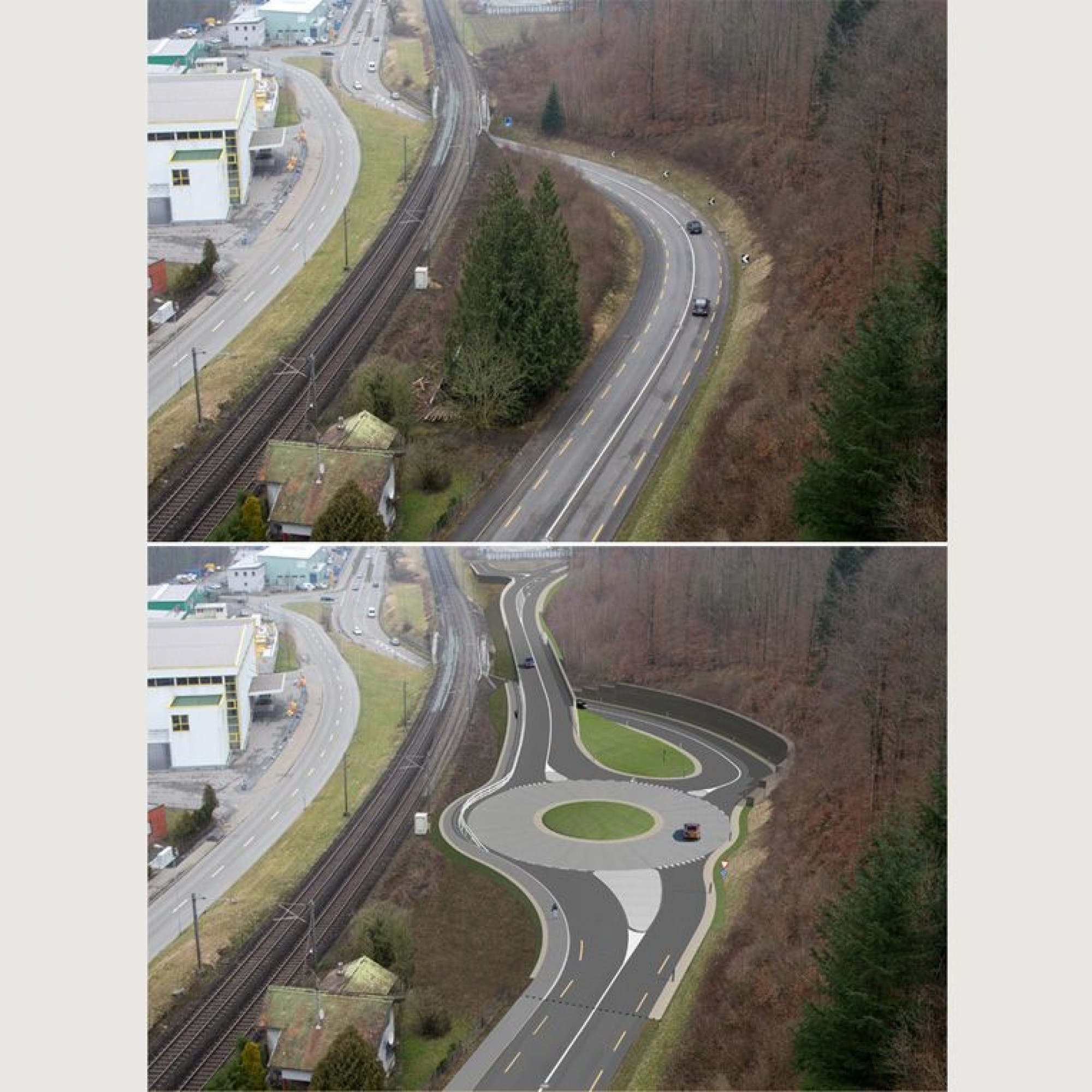 Schinznach in Richtung Brugg: Oben die heutige Aarauerstrasse 118, unten der künftige Kreisel West.