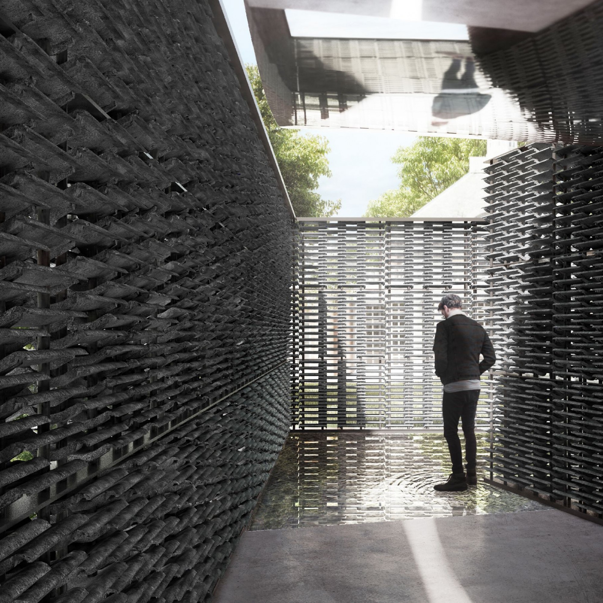 Ein in den Boden eingelassener Pool, eine verspiegelte Decke und durchbrochene Wände erzeugen im Inneren des Pavillons Licht- und Schattenspiele.