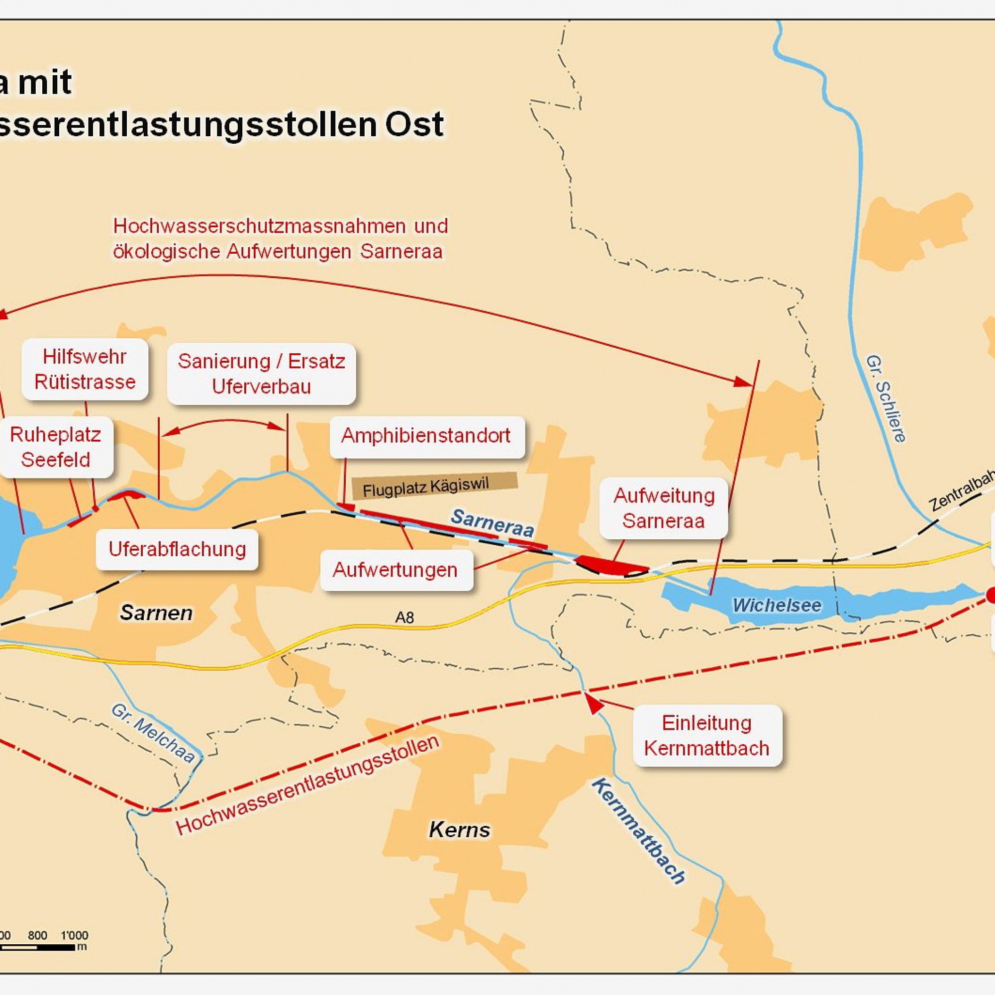 Schematische Darstellung des Projekts «Sarneraa und Hochwasserentlastungsstollen Ost»: Beim Einlaufbauwerk beginnen heute die Arbeiten. 