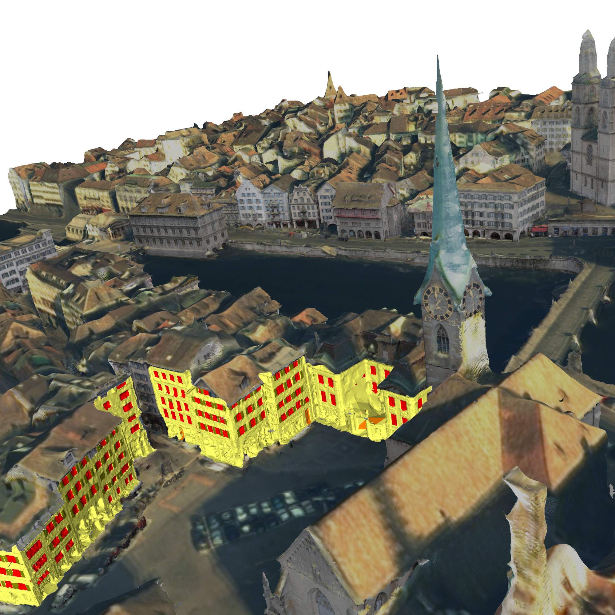 Blick auf Grossmünster, Limmat und Fraumünster. Das System erkennt Fassaden und Fenster (in den Gebäuden im Vordergrund gelb und rot sichtbar gemacht).