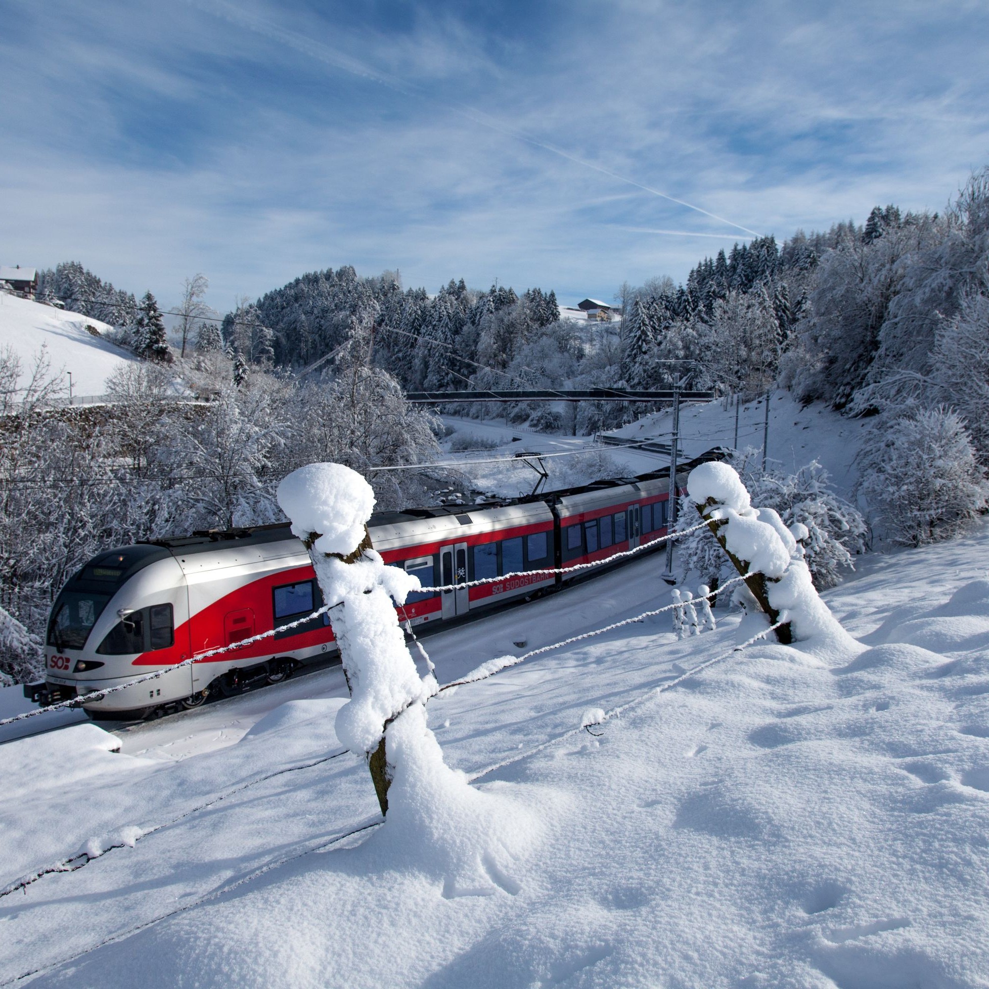 Flirt auf der SOB-Strecke bei Einsiedeln im Kanton Schwyz.