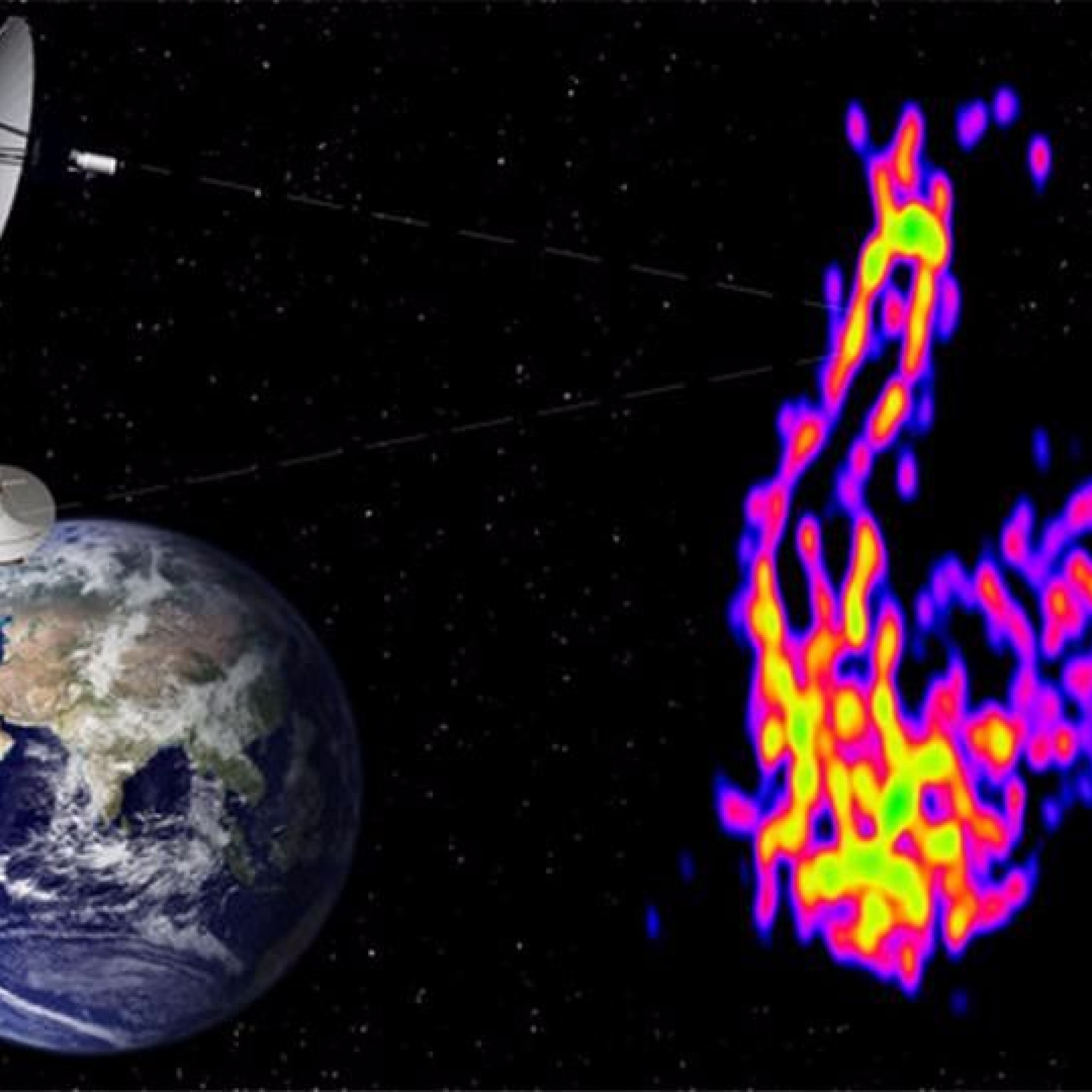 Künstlerische Darstellung der Radioteleskope im Weltraum und auf dem Erdboden, die bei der Beobachtung von NGC 1275, der Zentralgalaxie des Perseus-Galaxienhaufens in einer Entfernung von 230 Millionen Lichtjahren beteiligt waren