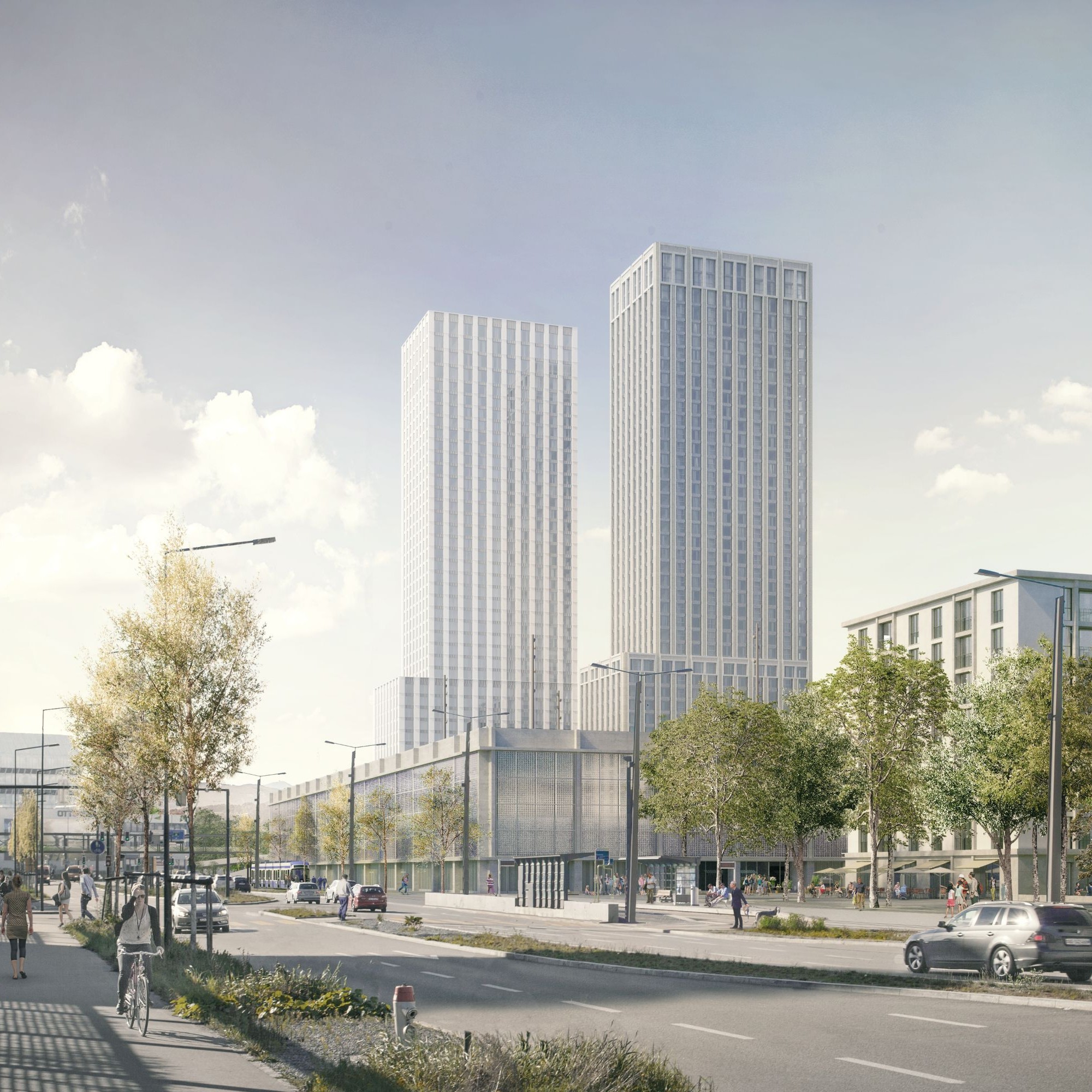 Blick auf die geplanten Hochhäuser beim neuen Fussballstadion Hardturm.