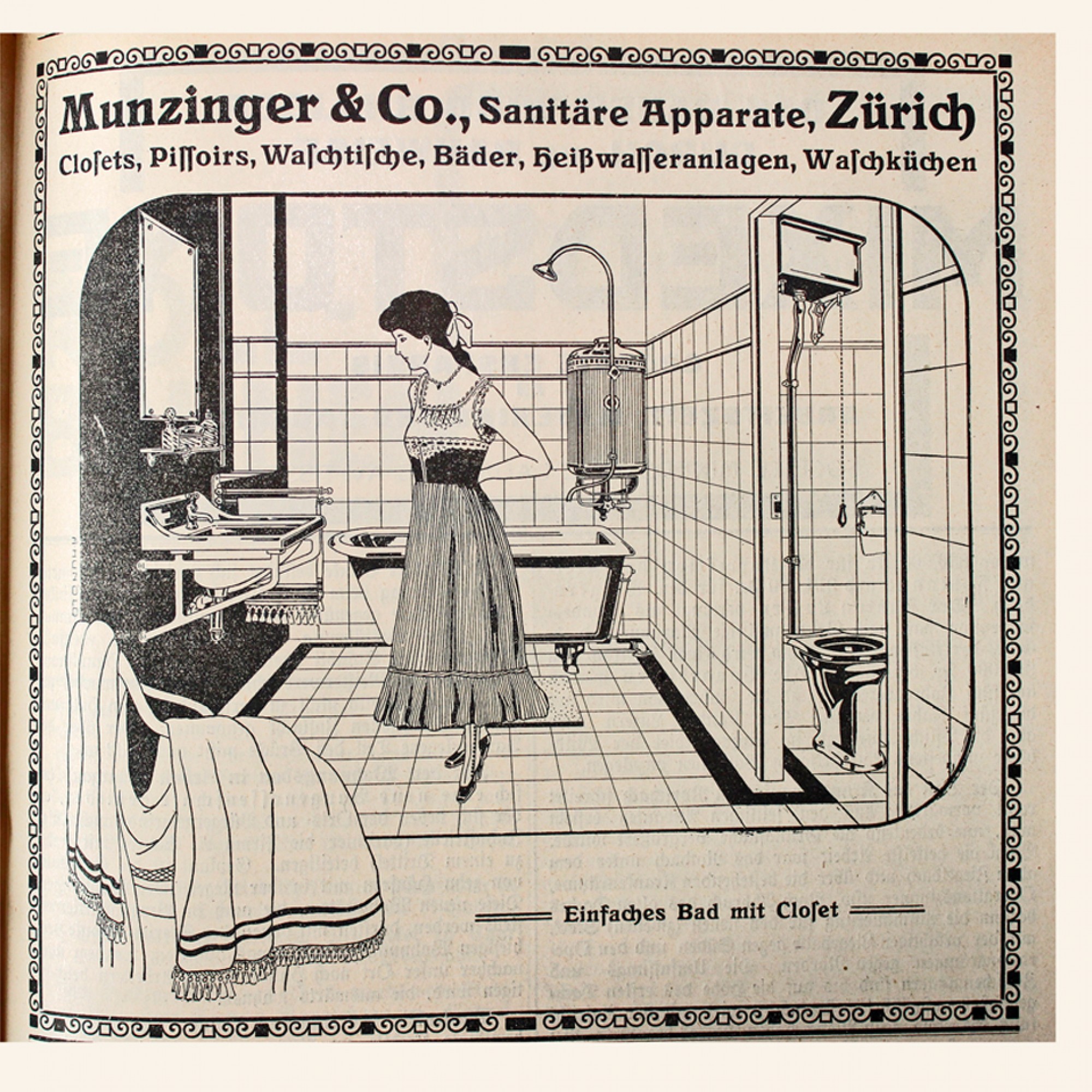 Munzinger & Co. aus Zürich setzte auf fantasievolle Illustrationen mit gekonnter Inszenierung ihrer sanitären Anlagen. Hier sehen Sie die Kreation «einfaches Bad mit Closet».