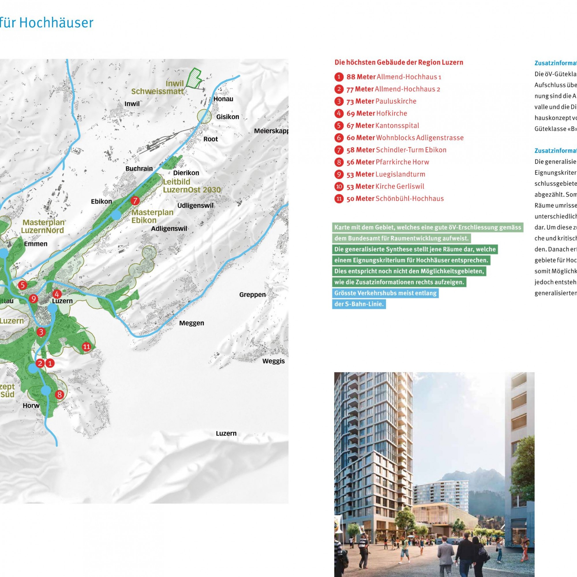 In diesen Gebieten sieht Luzern Plus Möglichkeiten für Hochhäuser, definiert als „Potenzielle Denkräume“.
