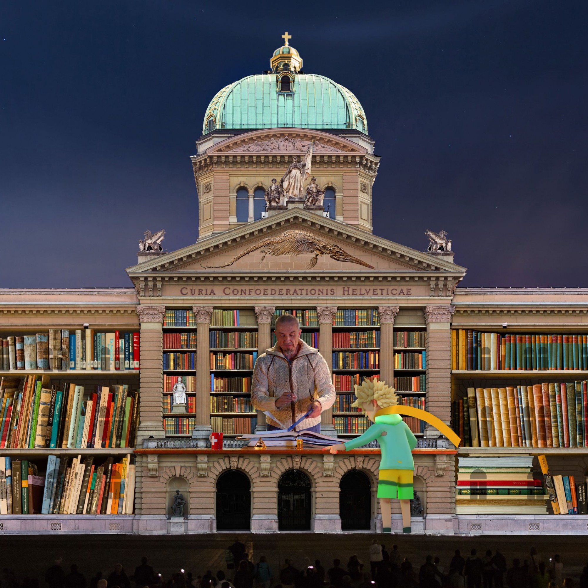 «Der kleine Prinz» an der Fassade des Bundeshauses: Begegnung mit dem Geografen.