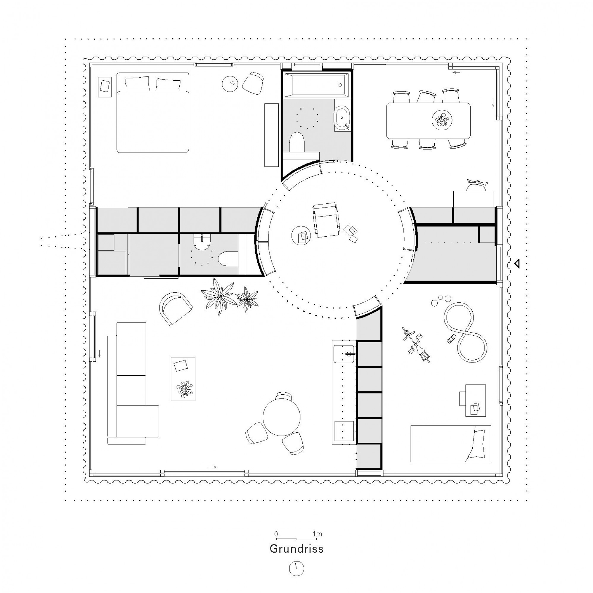 Grundriss und Schnitt des «Movable House». Gut zu erkennen sind die vier Kerne, die die Räume trennen.