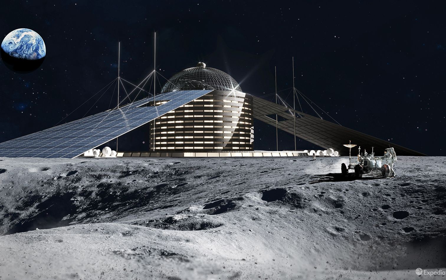 Utopisch astronomisch: Milliardär Barron Hilton wollte auf dem Mond eine ganze Flotte an Hilton-Hotels bauen. Da überrascht es nicht, dass auch dieses Projekt zu einer Planungsleiche wurde. Expedia zeigt aber, wie das Flaggschiff der Hilton-Flotte hätte a
