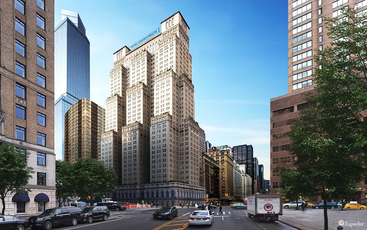 Das Projekt zum «Hotel Commonwealth» fand wegen rechtlicher und finanzieller Schwierigkeiten ein jähes Ende. Der 120 Meter hohe Bau hätte zudem einen ganzen Block am Broadway eingenommen, wie die Visualisierung von Expedia verdeutlicht.