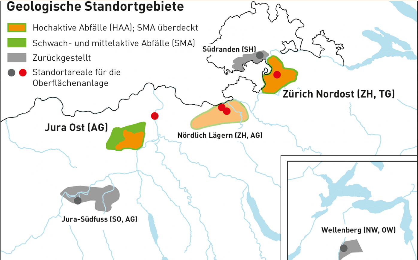 Alle drei möglichen Standorte bleiben im Rennen: Jura Ost im Kanton Aargau, Nördlich Lägern im den Kantonen Aargau und Zürich sowie Zürich Nordost in den Kantonen Thurgau und Zürich.