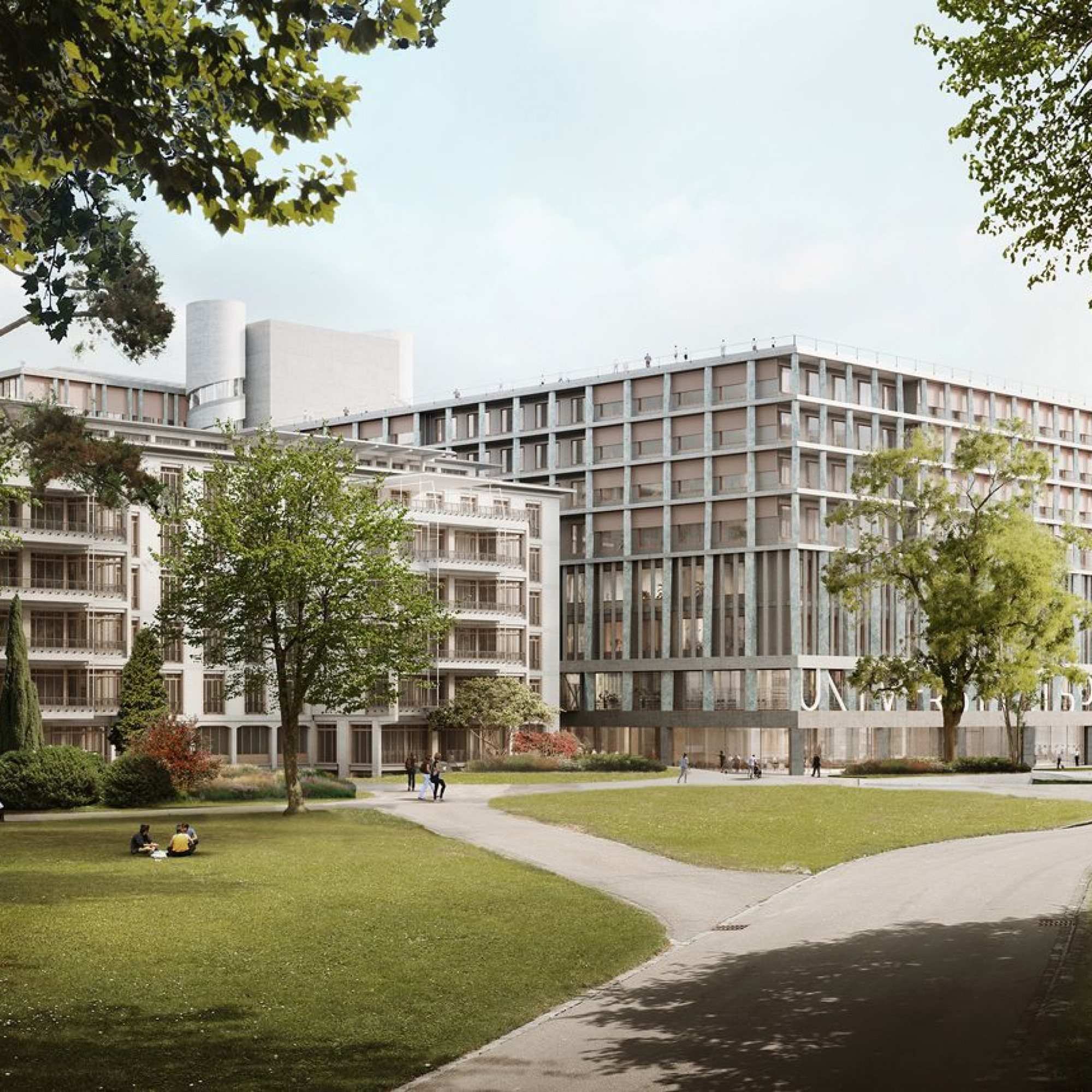 Kernareal des Universitätsspitals Zürich, Blick vom Park auf das geplante neue Gebäude, Siegerprojekt von Christ & Gantenbein: Die historischen Häuser und die Neubauten (rechts) stehen im Dialog zueinander, bleiben in ihrem architektonischen Ausdruck jedo