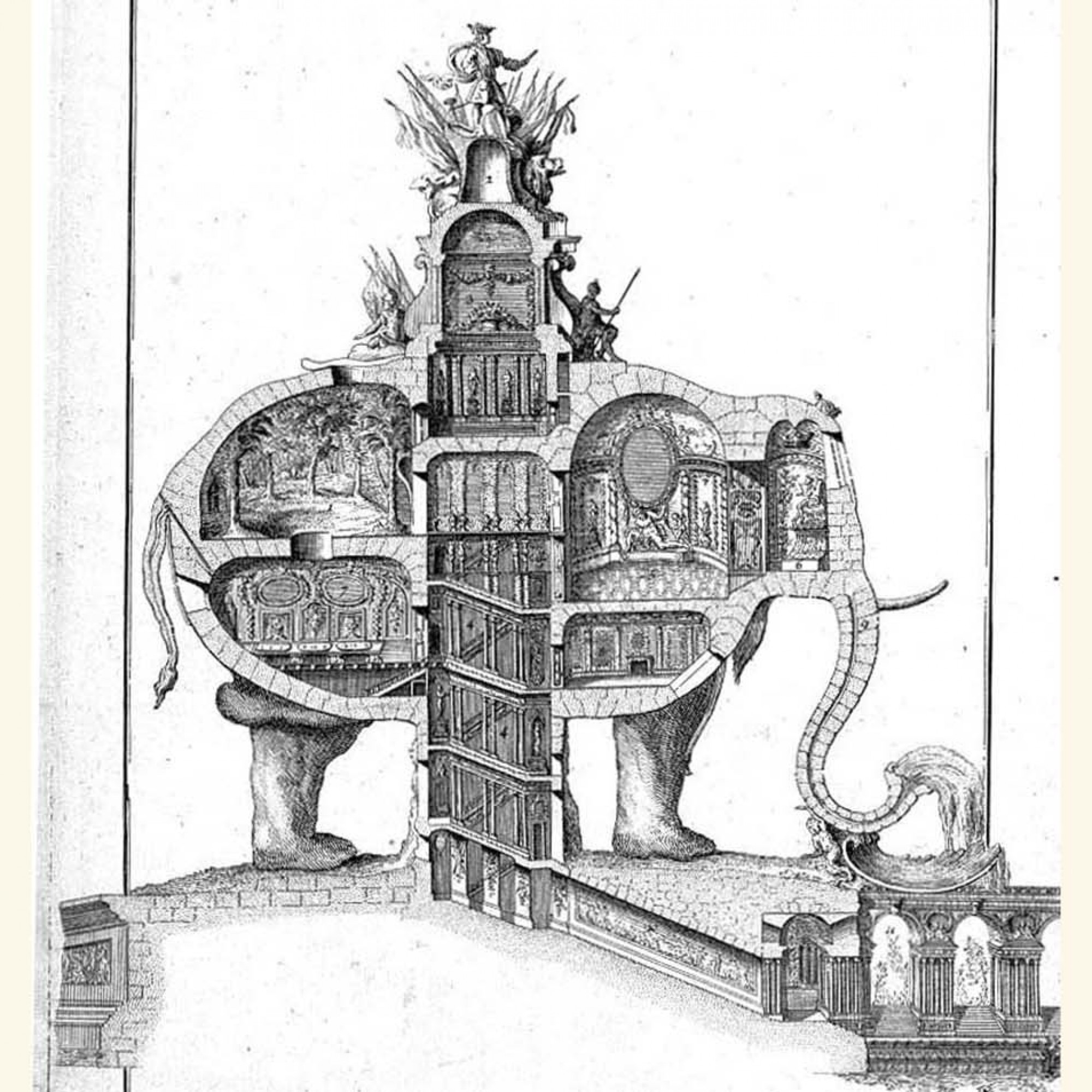 Längsschnitt des Elefantengebäudes nach Plänen von Charles François Ribart de Chamoust.