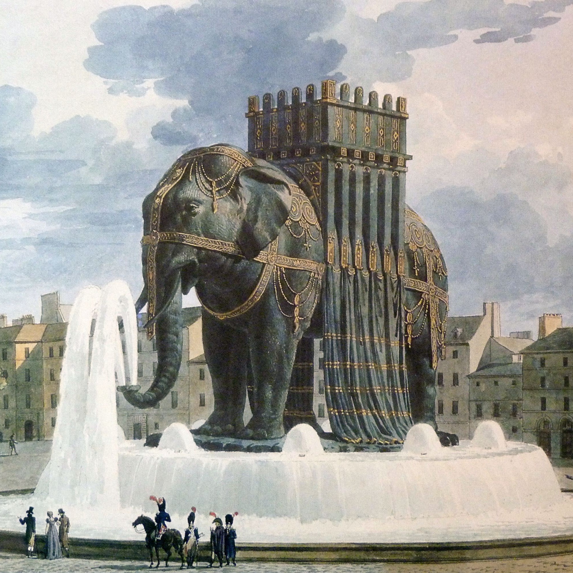 Ein Aquarelle von Jean-Antoine Alavoine (1776-1834) zeigt das Gipsmodell des Elefantenmonuments, das Napoleon auf dem Place de la Bastille bauen wollte. 