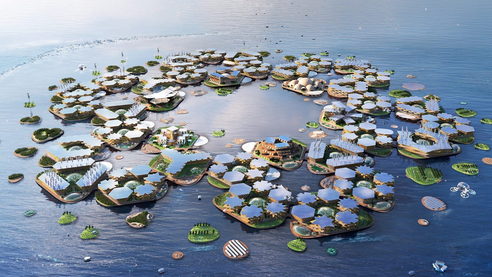 Eine Visualisierung zeigt, wie die bis zu 500'000 Quadratmeter grosse «Oceanix City» aussehen könnte.