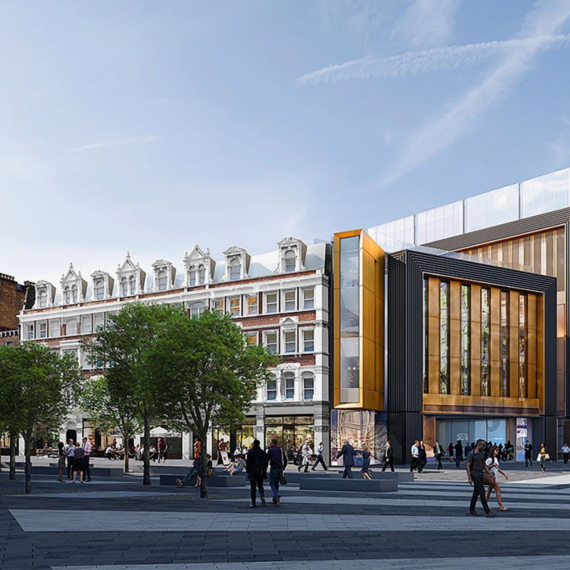 Ein Kontrast mitten im Stadtteil London Borough of Camden: Neben einer denkmalgeschützten Fassadenfront entsteht der St. Giles Circus.