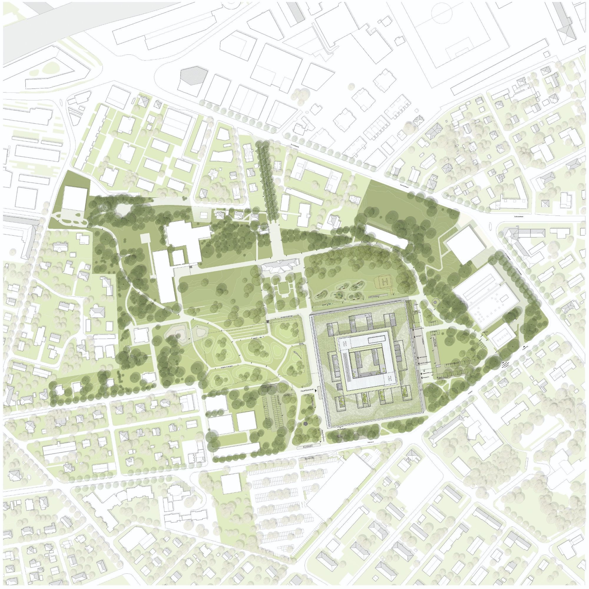 Plan des Grünflächen-Areals: Der bestehende historische Garten des KSA soll in die Neugestaltung integriert werden. 