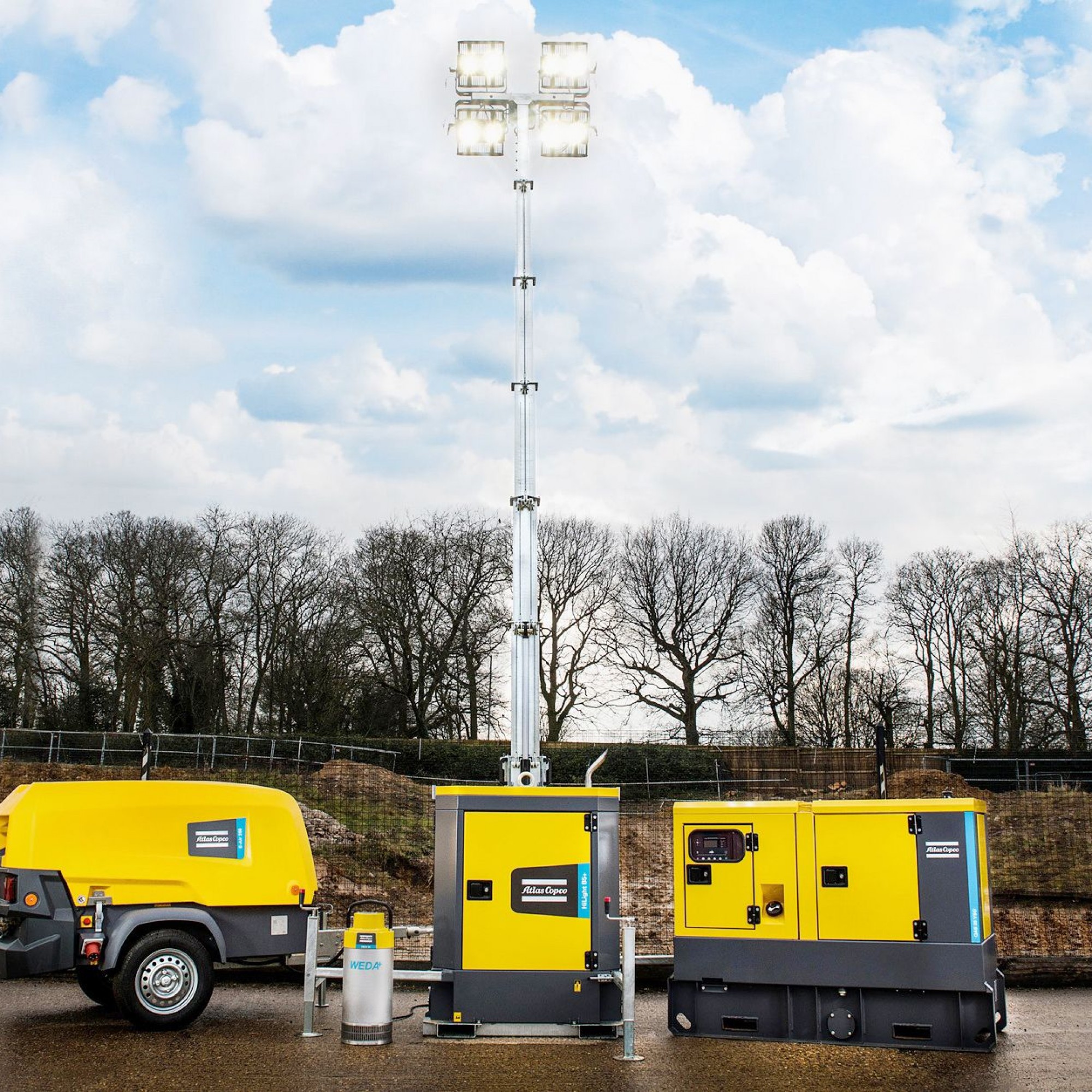 Die E-Air-Kompressoren und der Lichtmast Z3+ von Atlas Copco sind einfach aufzustellen und anzuschliessen und produzieren während des Betriebs keine Emissionen.