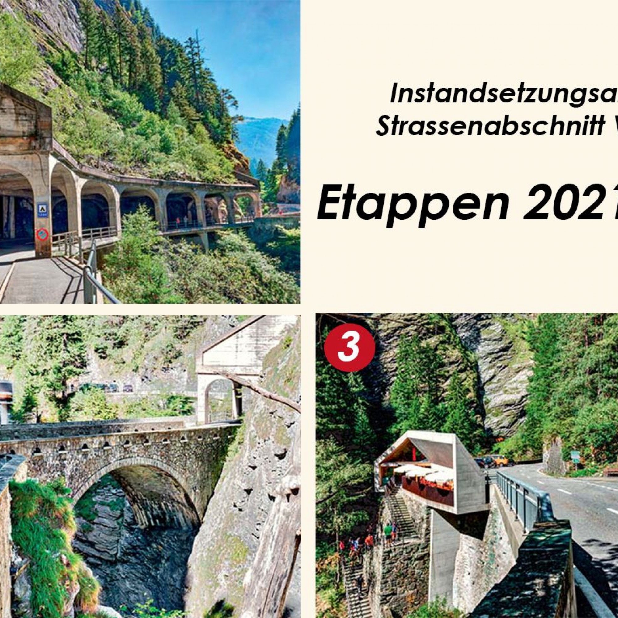 In der Etappe 2021 sind die Galerie Viamala 2 (Nr. 1) und die 2. Viamalabrücke (Nr. 2) an der Reihe. Zu guter Letzt wird 2022 der Abschnitt Besucherzentrum ViamalaInfra Lehnenbrücken Viamala (Nr. 3) saniert. 