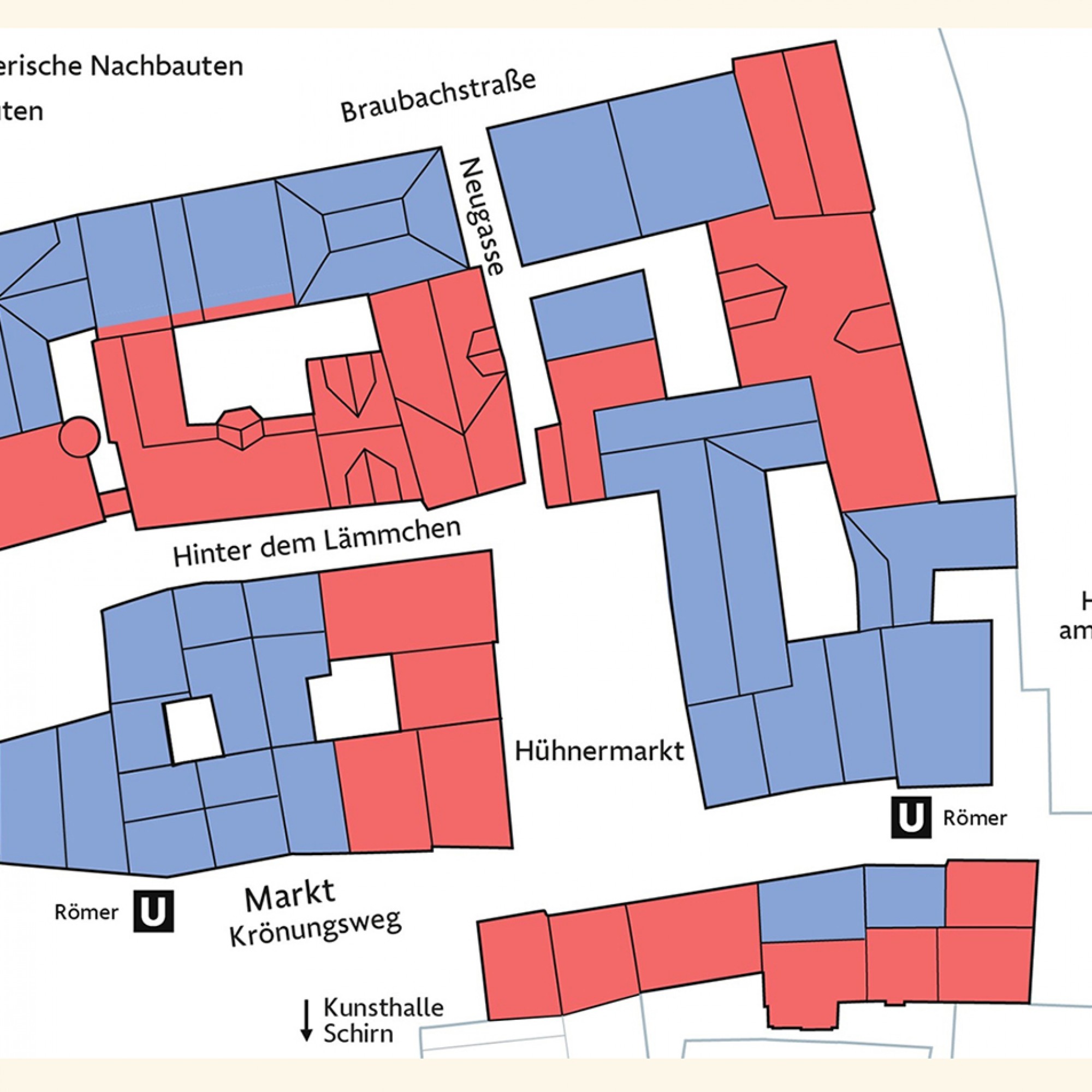 Diese Grafik zeigt, bei welchen der 35 neuen Häuser es sich um Neubauten (blau) oder um «schöpferische  Nachbauten» (rot) handelt. 