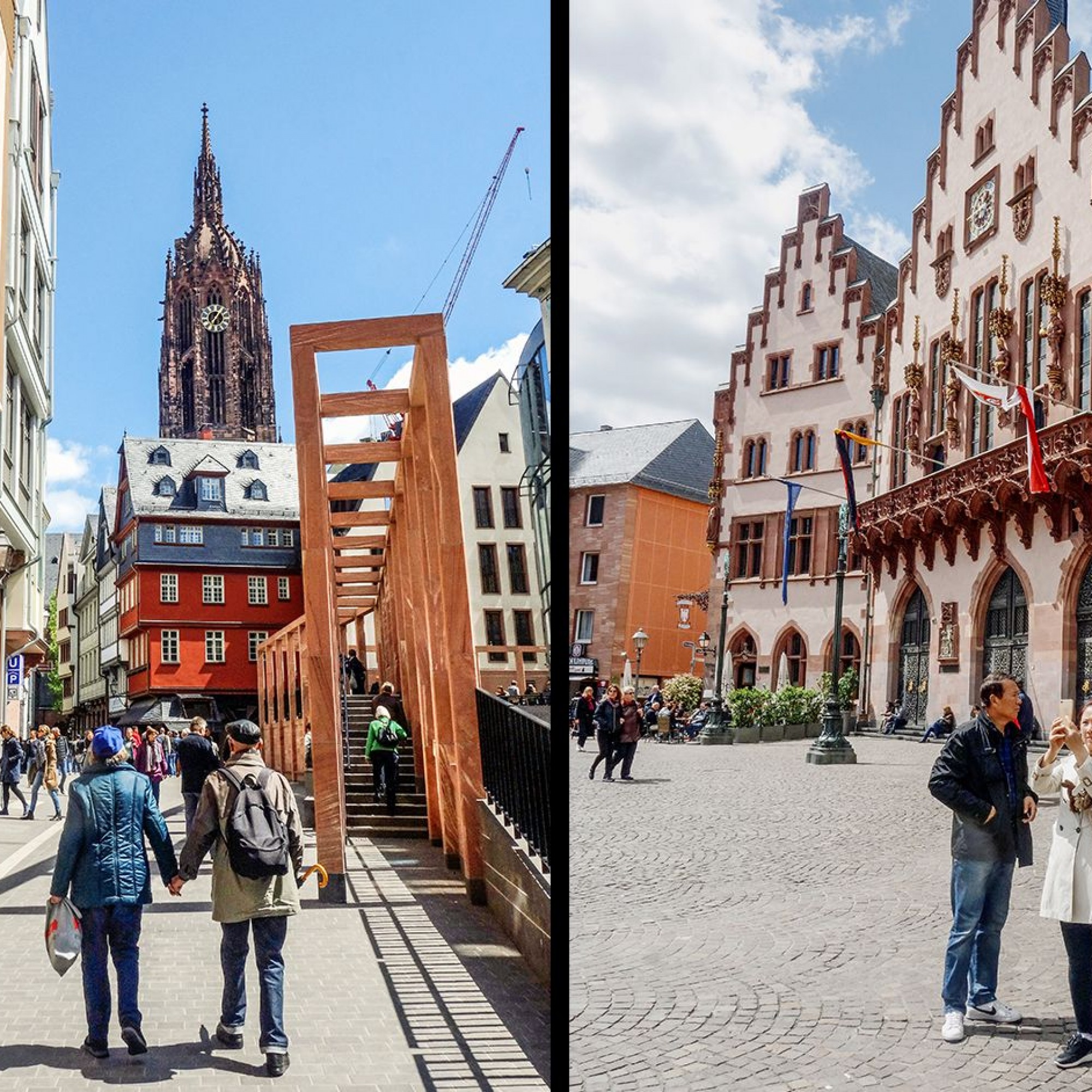 Links: So sieht der Krönungsweg heute aus. Hier wurden einst 16 römisch-deutsche Herrscher gekrönt. Rechts: Die Touristen scheinen die historischen Ungenauigkeiten kaum zu stören. Im Hintergrund das Rathaus.
