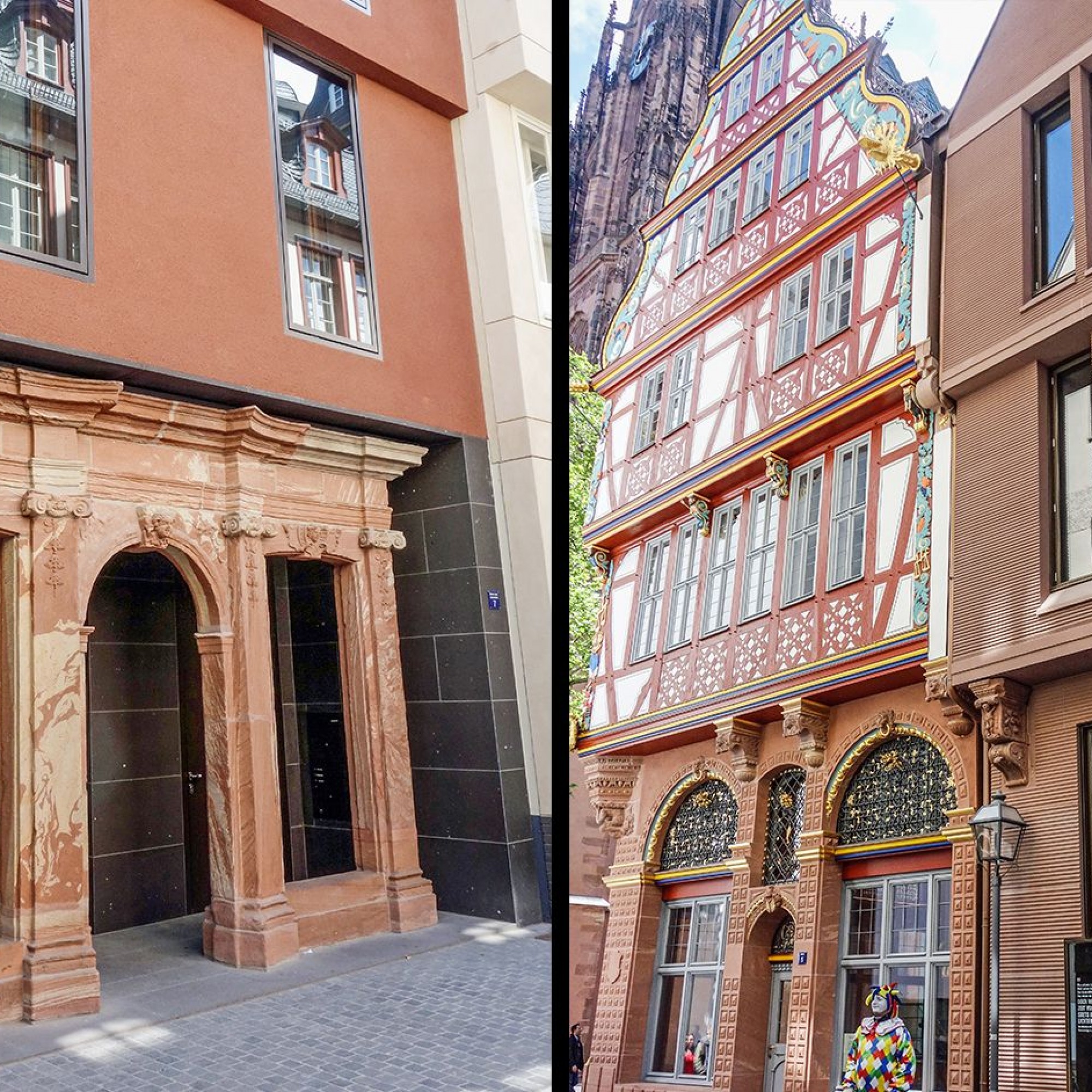 Links: Insgesamt wurden 60 Spolien verbaut. Befremdlich wirken sie trotzdem. Rechts: Das Haus «Goldene Waage» (links) ist so etwas wie das Herzstück der «Neuen Altstadt». 