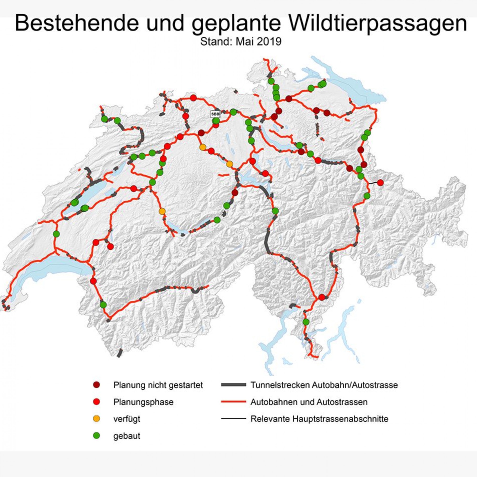 Die Karte der bestehenden und geplanten Wildtierpassagen (Stand 2019) zeigt, dass noch viel zu tun ist, um die natürlichen Lebensräume der Wildtiere weiterhin zu erhalten. 