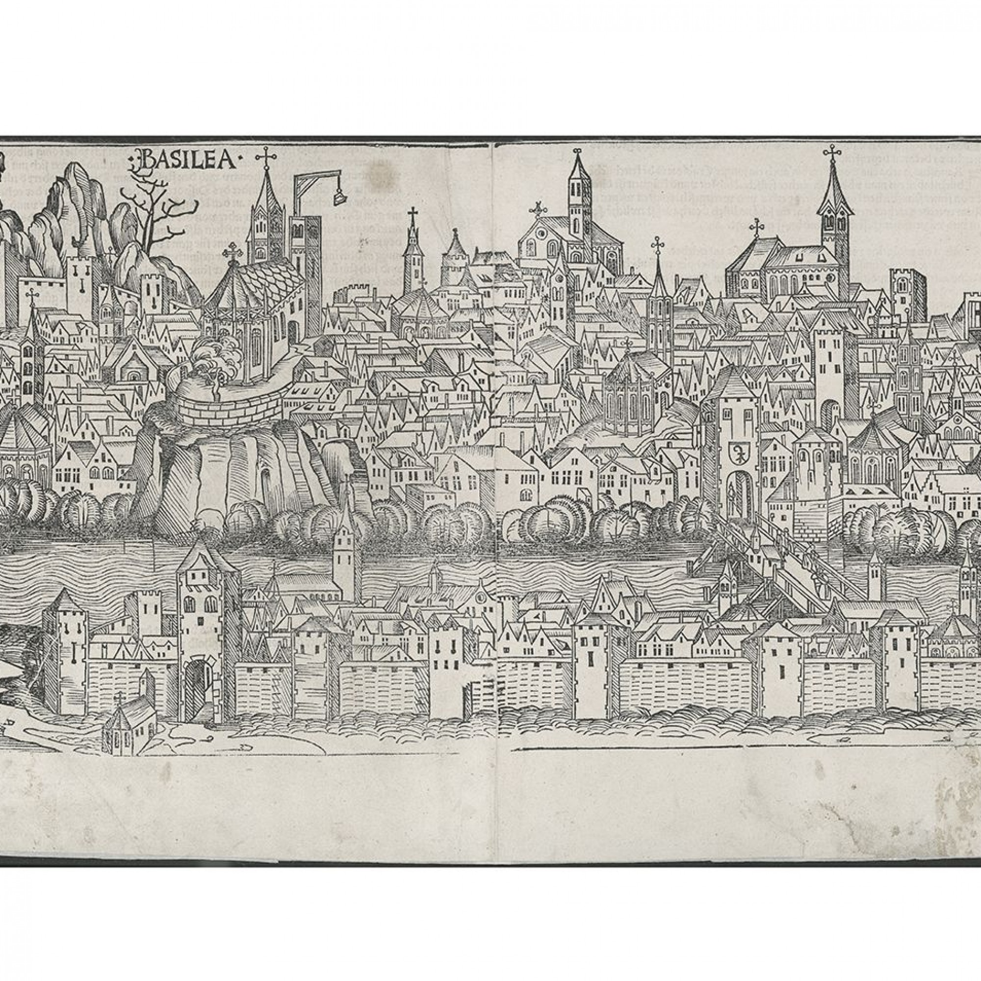 Das Basler Münster mit Lastkran in der Schedel’schen Weltchronik von 1493. Die Abbildung zeigt das Münster kurz vor seiner Vollendung. Allerdings wurde, anders als dargestellt, der Georgsturm vor dem Martinsturm fertiggestellt.