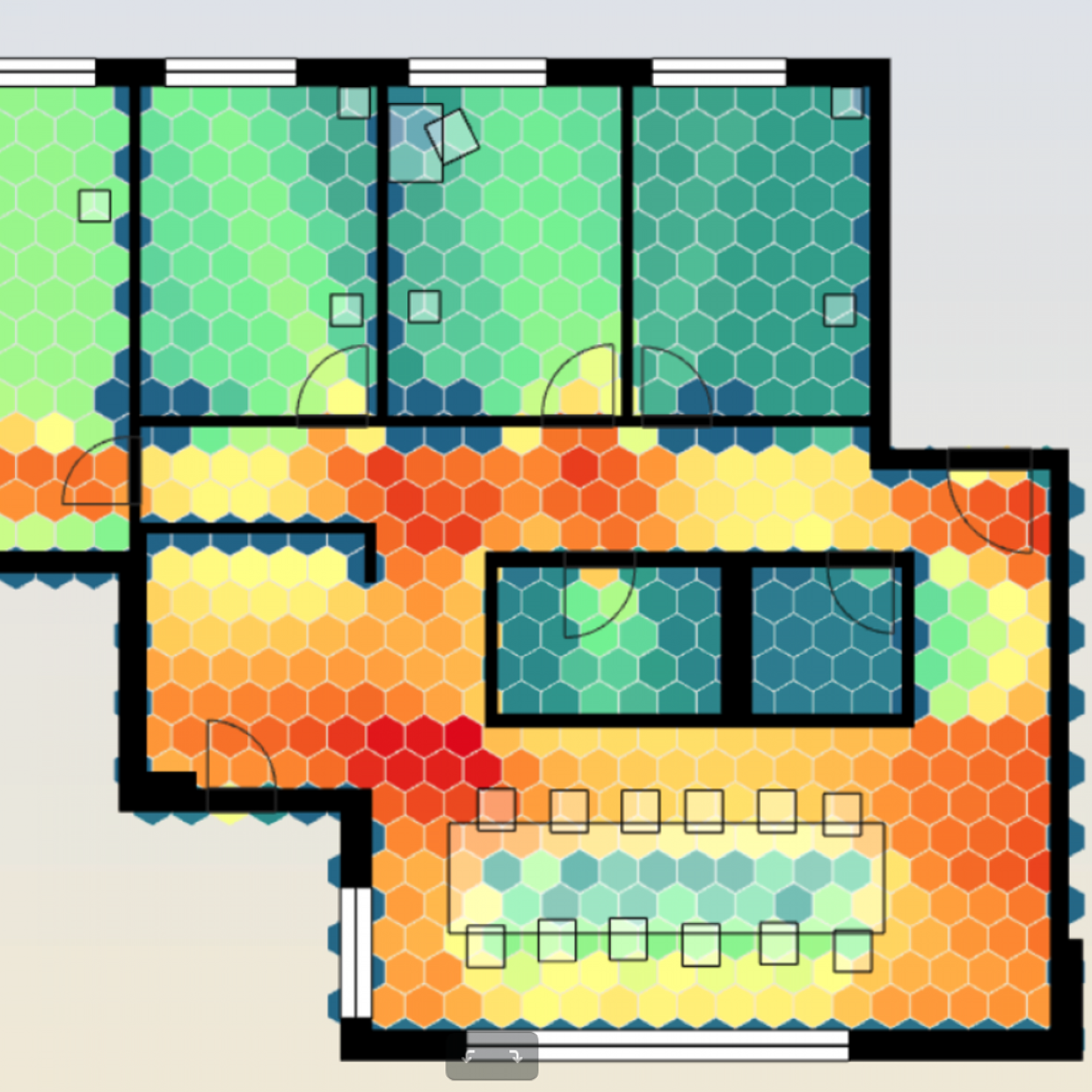 Die Heatmap zeigt den Isovist, ein Sichtbarkeitsmass, das zur Bewertung visueller Kontrollen sowie der Privatheit verwendet wird. Bei den roten Bereichen ist der Überblick besser, in «kälteren» dafür privater.