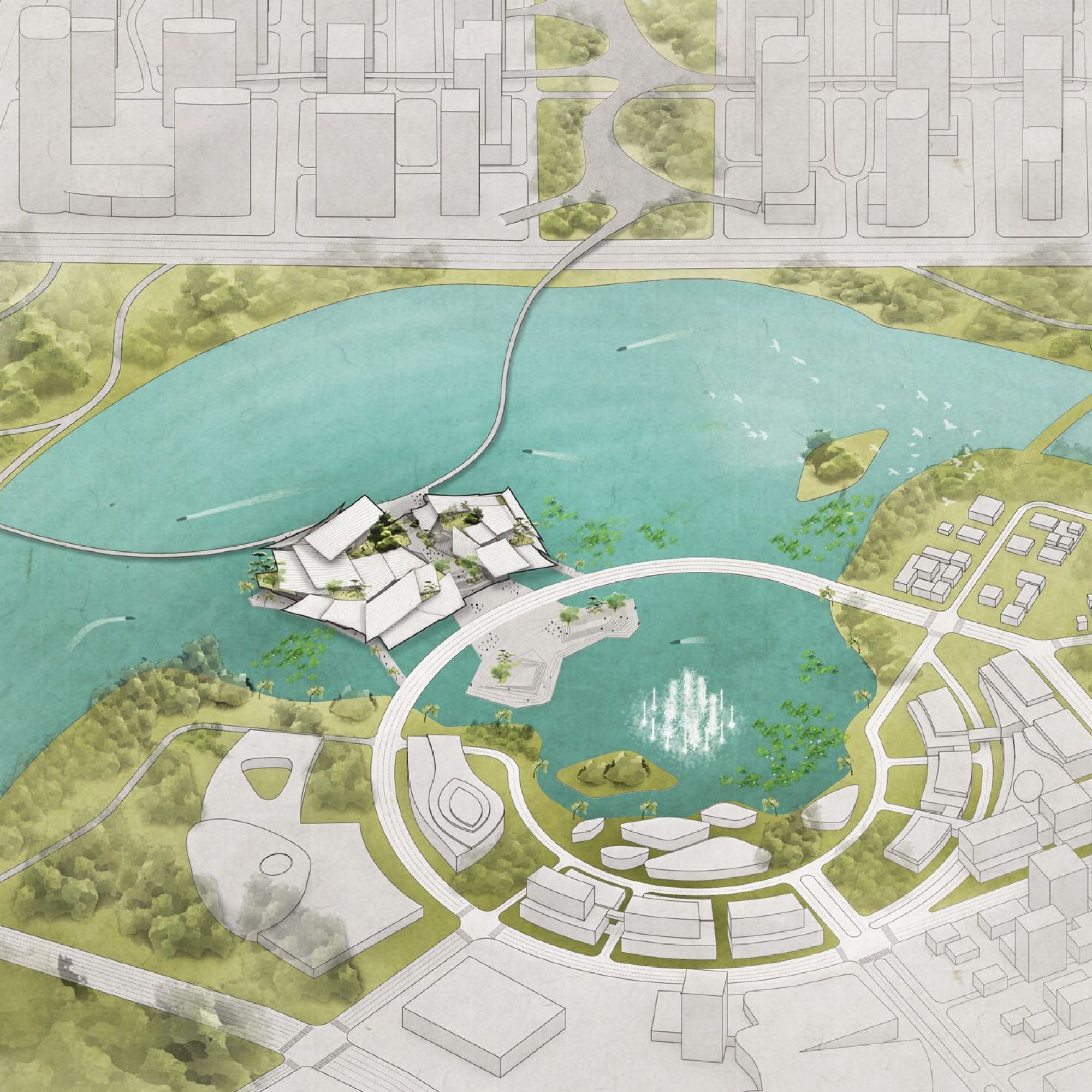 Das «Yiwu Grand Theatre» soll gut erreichbar sein. Unter anderem sind Fussgängerbrücken über den Fluss geplant.