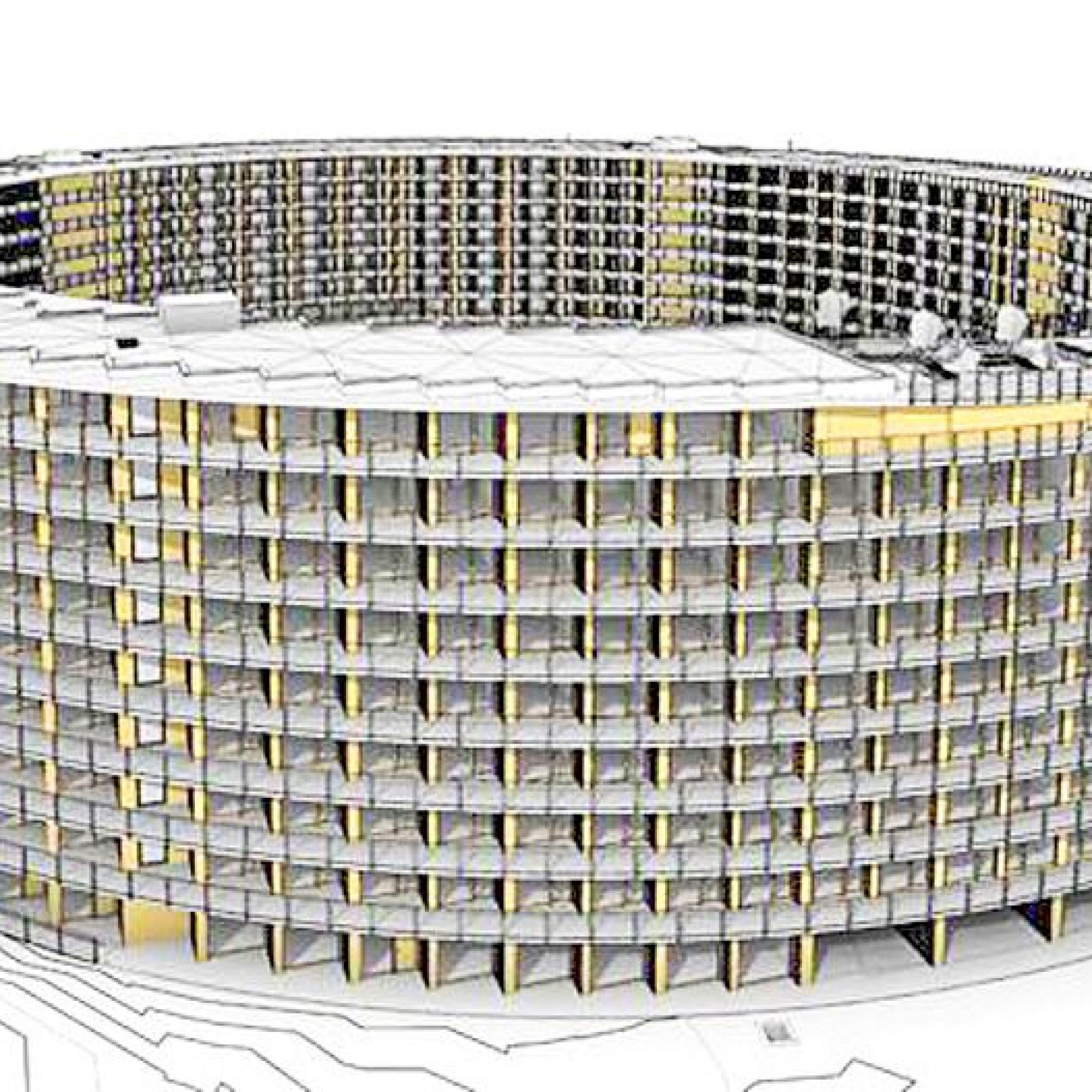 Das fertige Gebäude in einer Visualisierung: Neben den PV-Paneelen ist rechts die Dachterrasse zu sehen, die eine Caféteria aufweist und sich als Rampe sanft zum darunterliegenden Stockwerk neigt. Komplett ebene Flächen sind im aussergewöhnlichen Bau eine