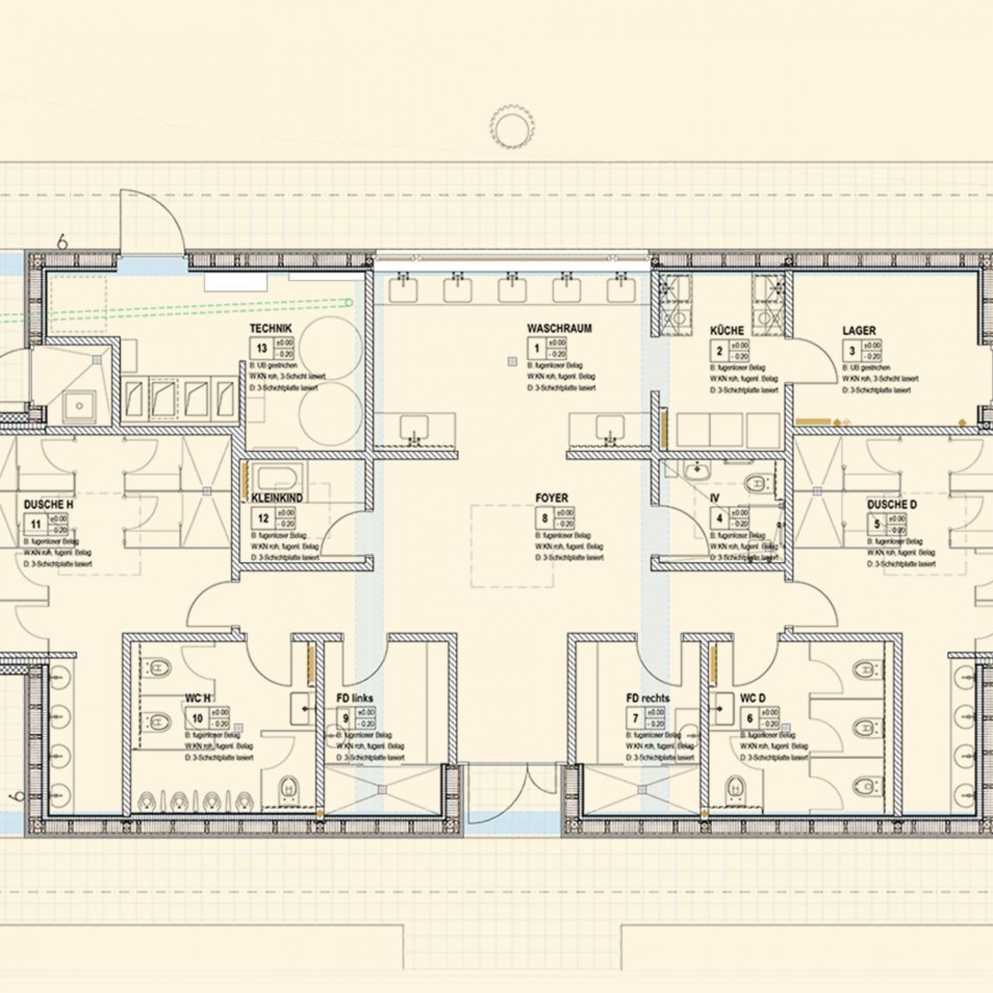 Der Grundriss des neuen Sanitärgebäudes zeigt einen streng symetrischen Aufbau.