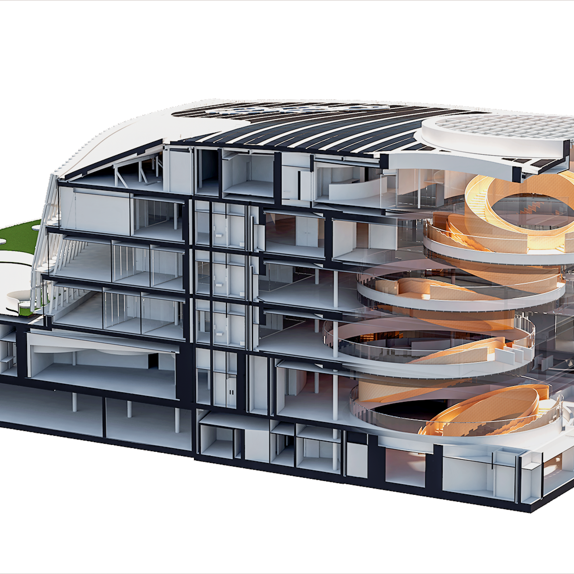 Mit seinen zueinander dezentrierten Treppenöffnungen und dem kompletten Verzicht auf vertikale Träger ist es ein technisches Meisterwerk.