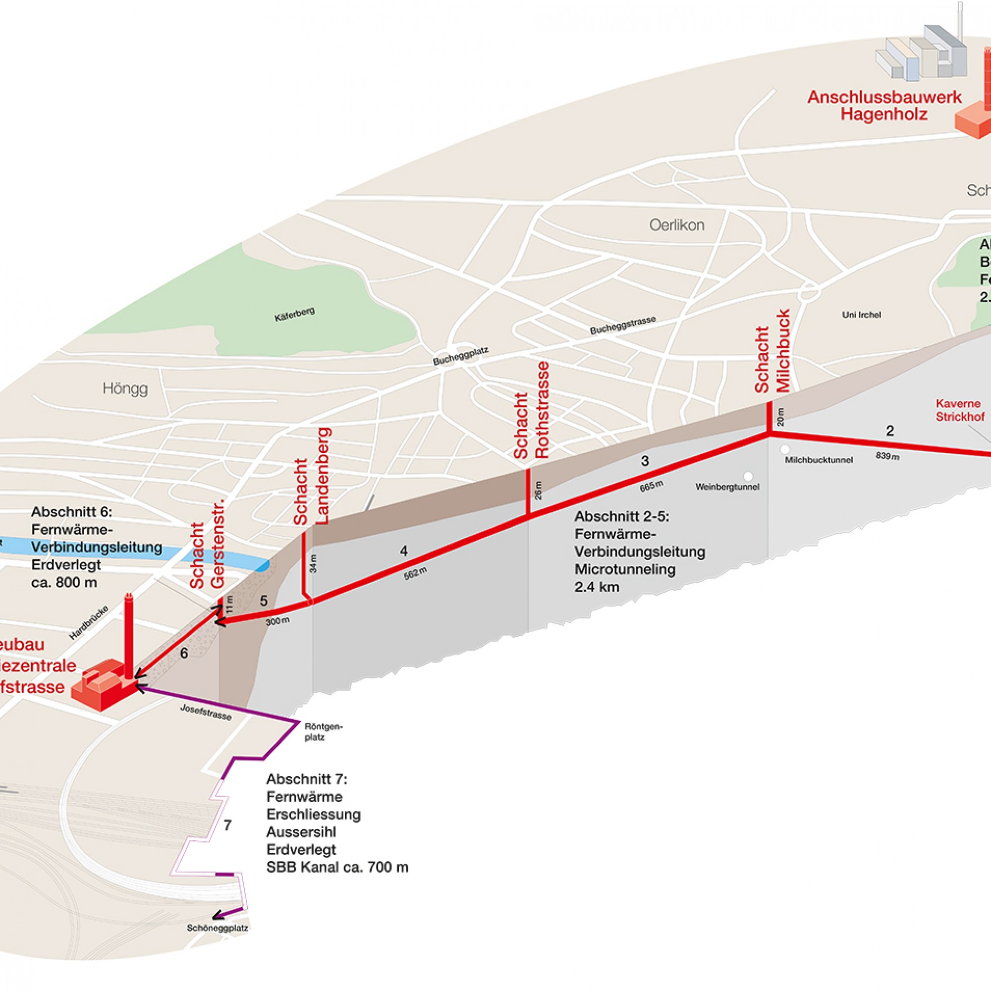 Übersicht des Streckenverlaufs der geplanten Wärmeversorgung Zürich West.