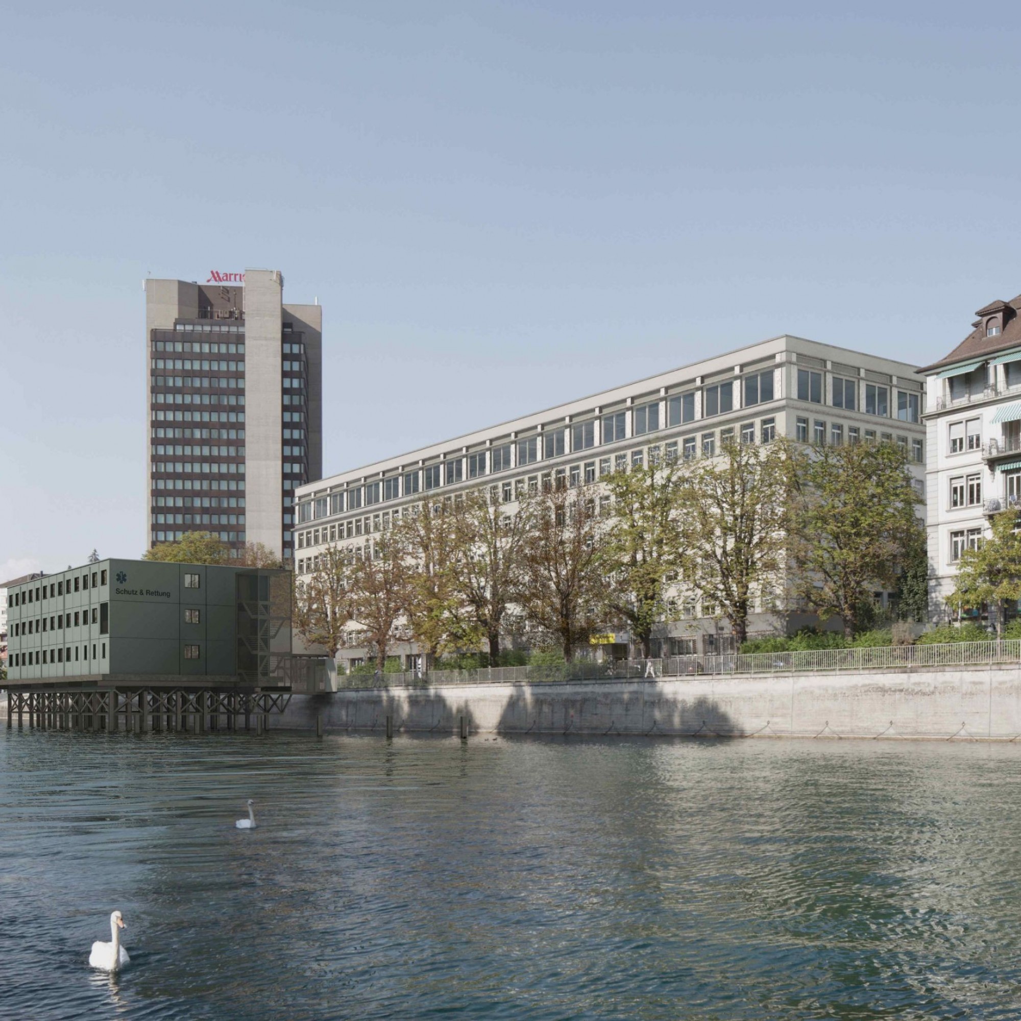 Während der Bauzeit werden die Arbeitsplätze, Garderoben, Ruhe- und Aufenthaltsräume von Schutz & Rettung Zürich in einem Provisorium auf der Limmat untergebracht.