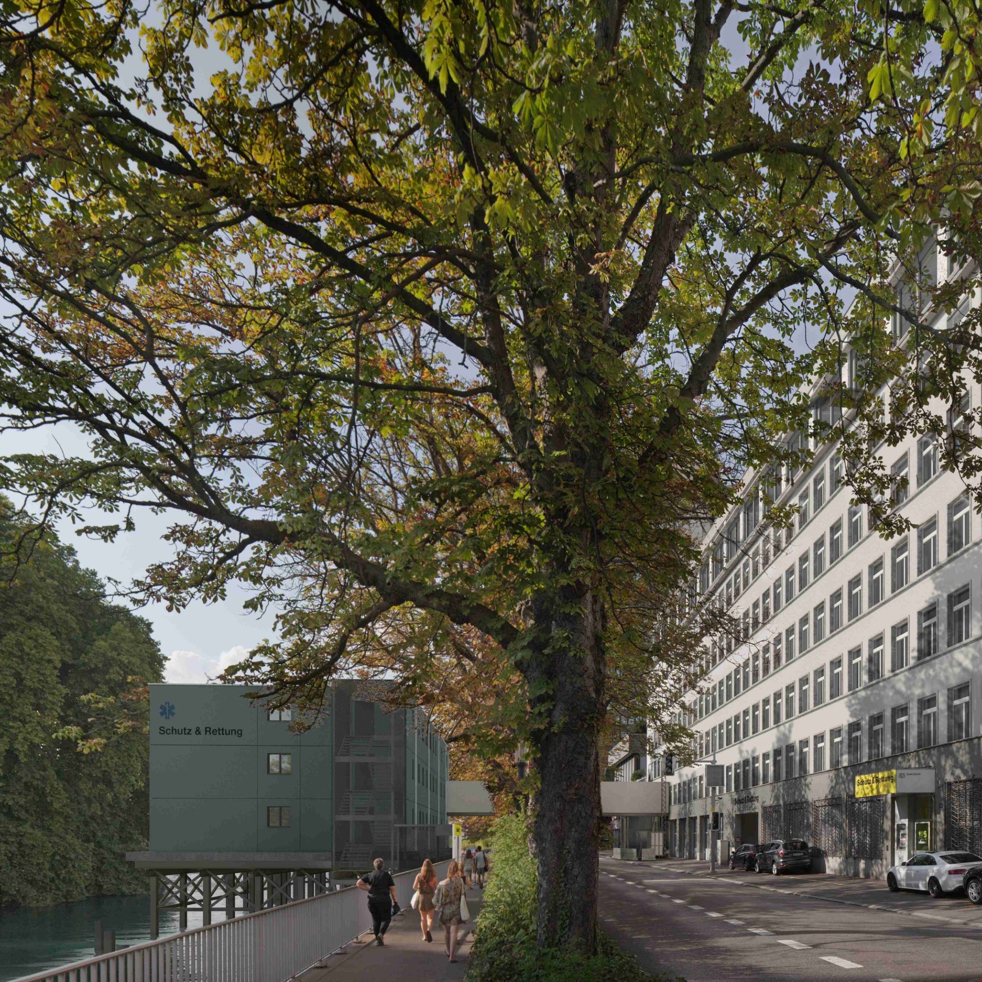 Das dreistöckige Provisorium soll auf einer Pfahlkonstruktion am Neumühlequai in der Limmat stehen. Die Fahrzeuge von Schutz & Rettung werden in der Fahrzeughalle des Amtshauses verbleiben.