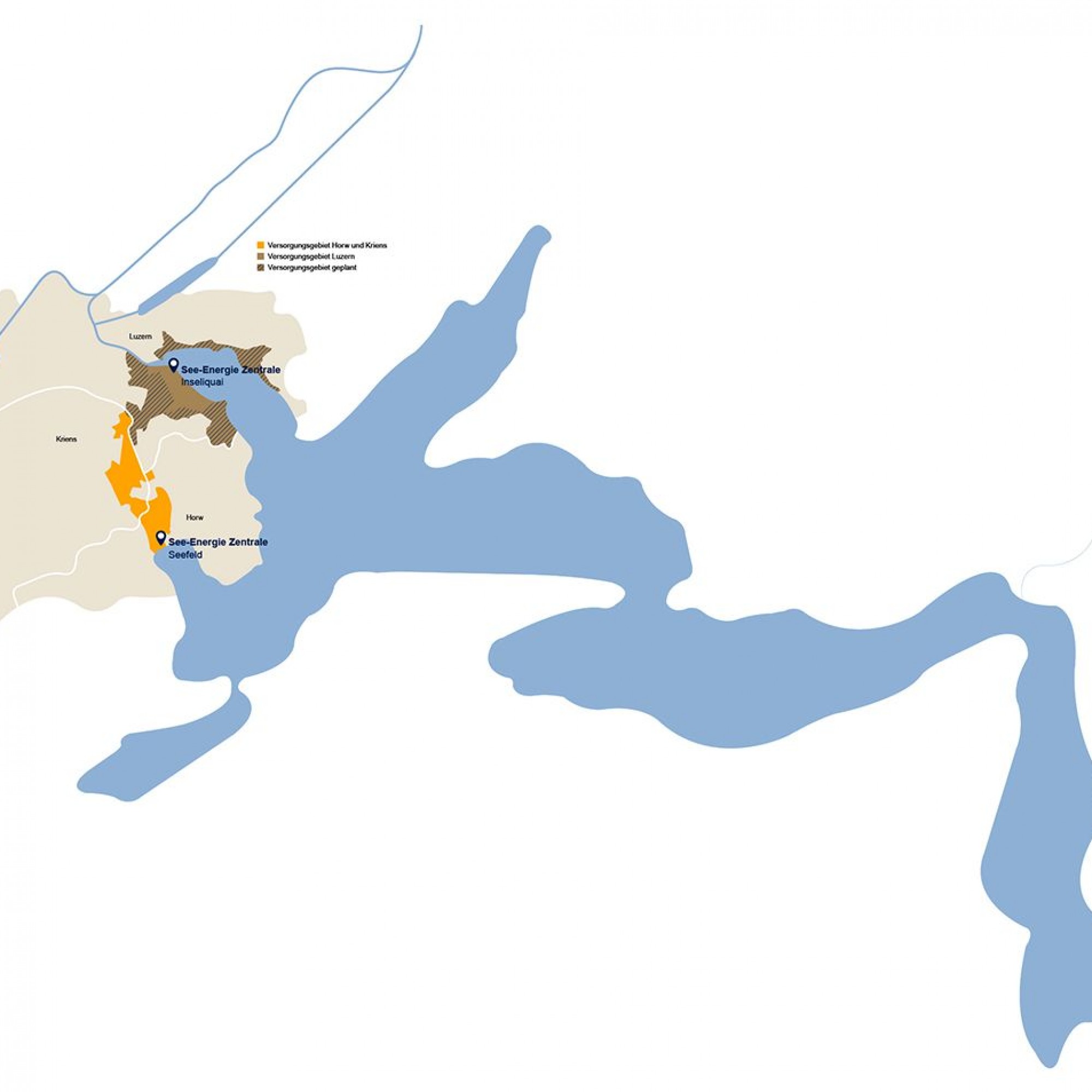 Die Karte gibt eine Übersicht, welche Flächen EWL in Horw, Kriens und Luzern künftig mit See-Energie versorgen will.»