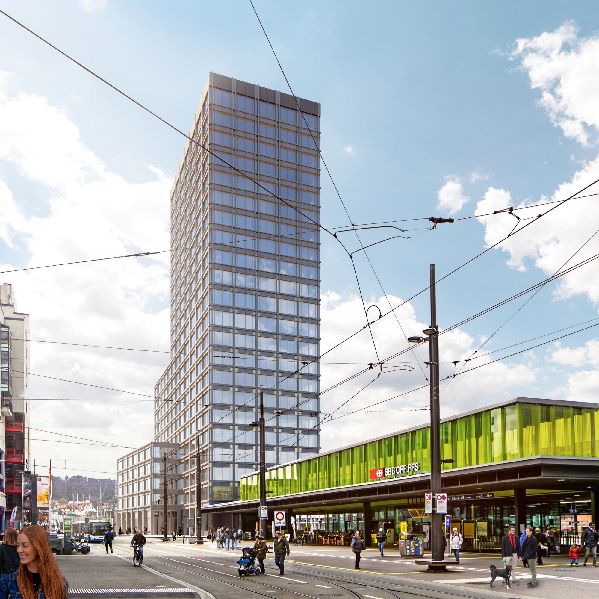 Visualisierung des neuen Franklinturms beim Bahnhof Zürich Oerlikon.