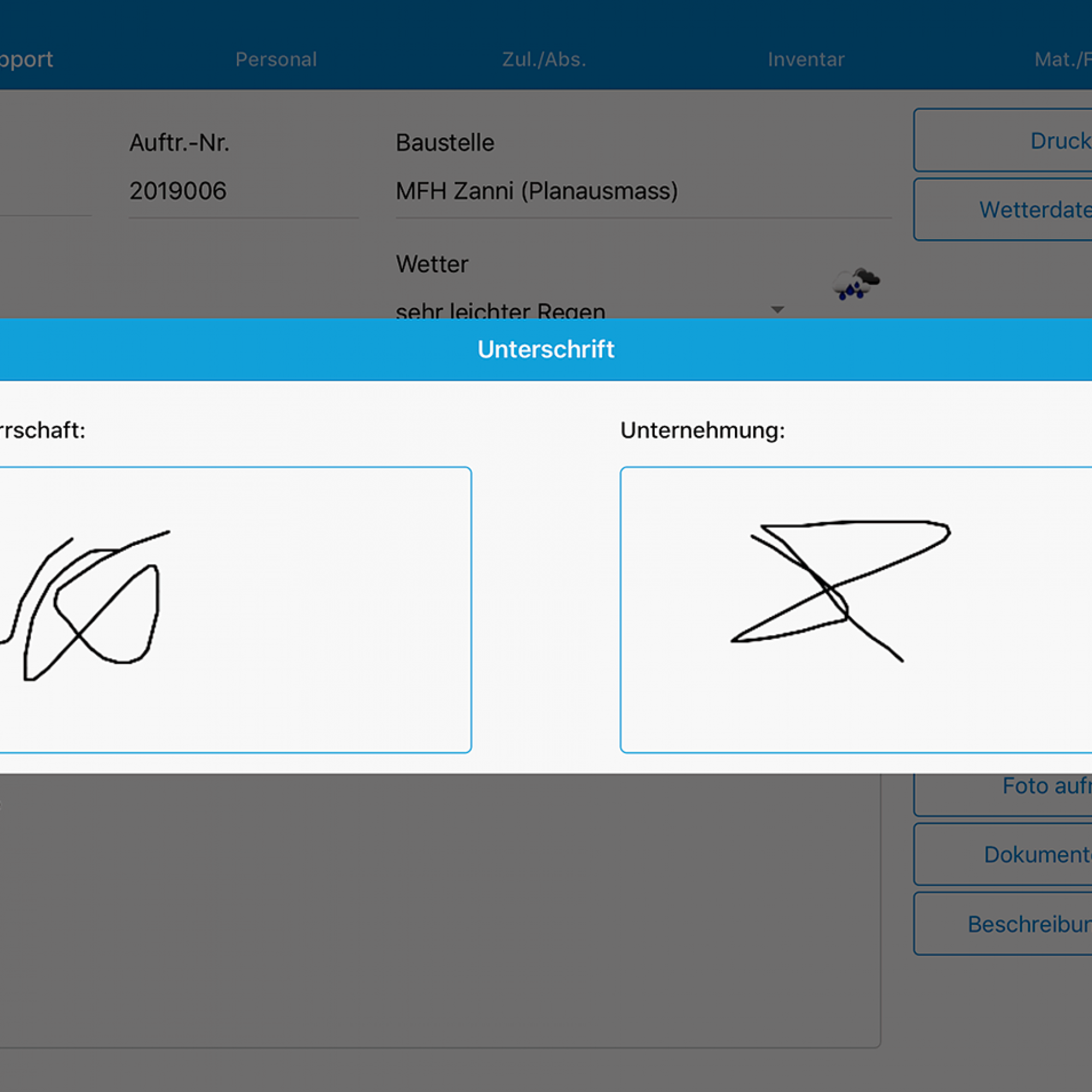 Die ‹myRapport›-App von Sorba: Der mobile Tagesrapport gleicht vom Aufbau her dem Papierrapport und ist sehr intuitiv bedienbar.