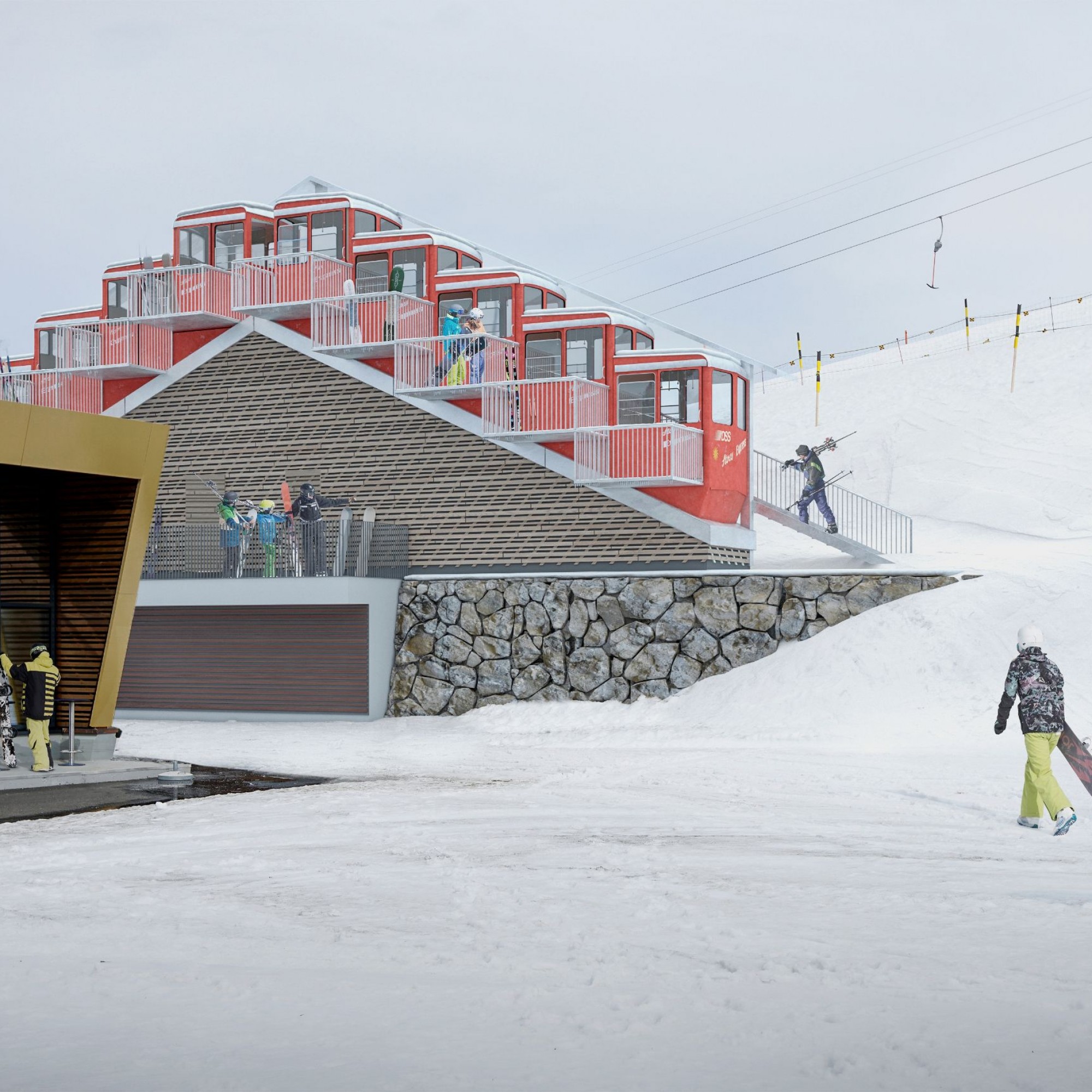 Die Lodge begrüsst die Anreisenden gleich neben der Bergstation der Standseilbahn.                            