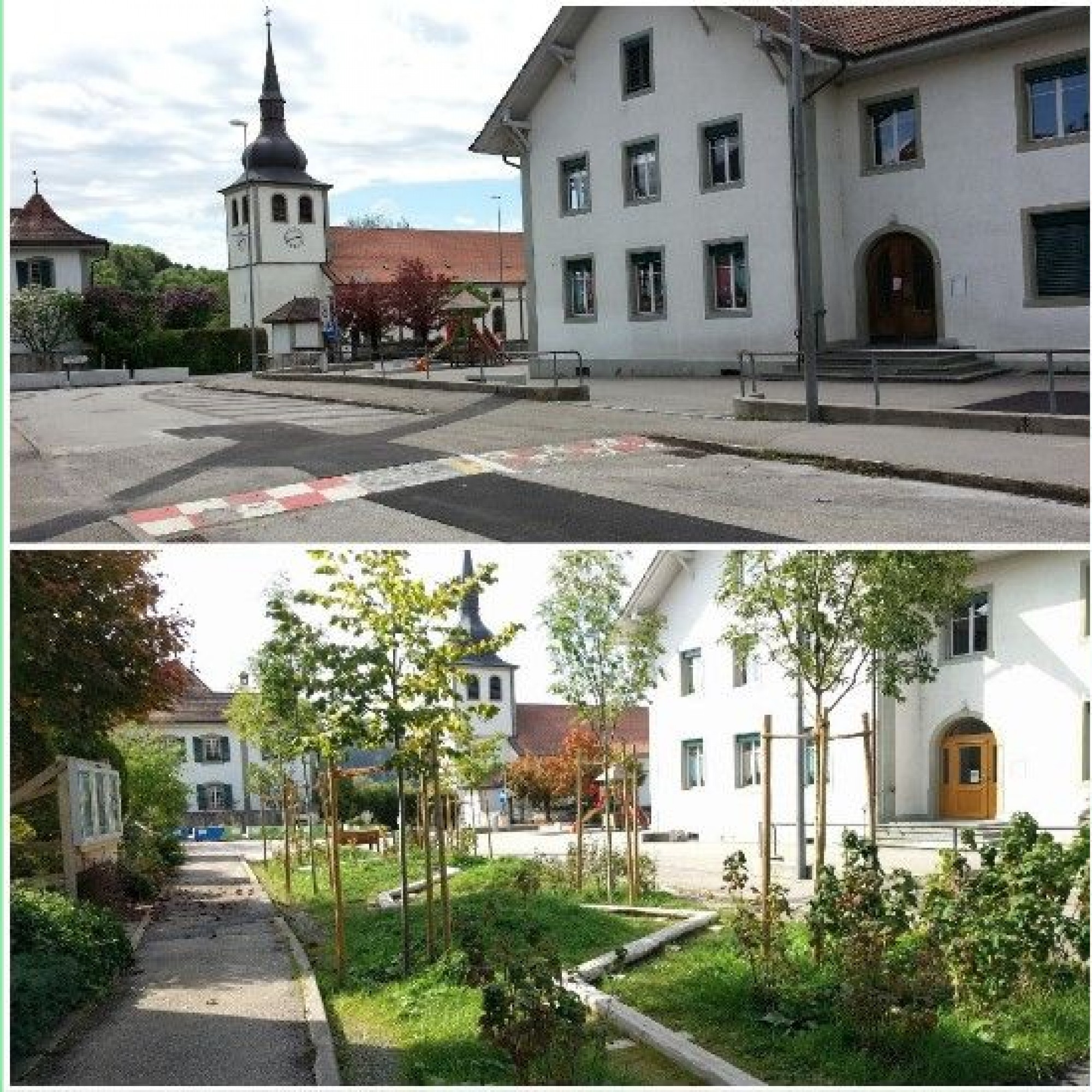 Die Marienstrasse in Marly vor und nach der Begrünung