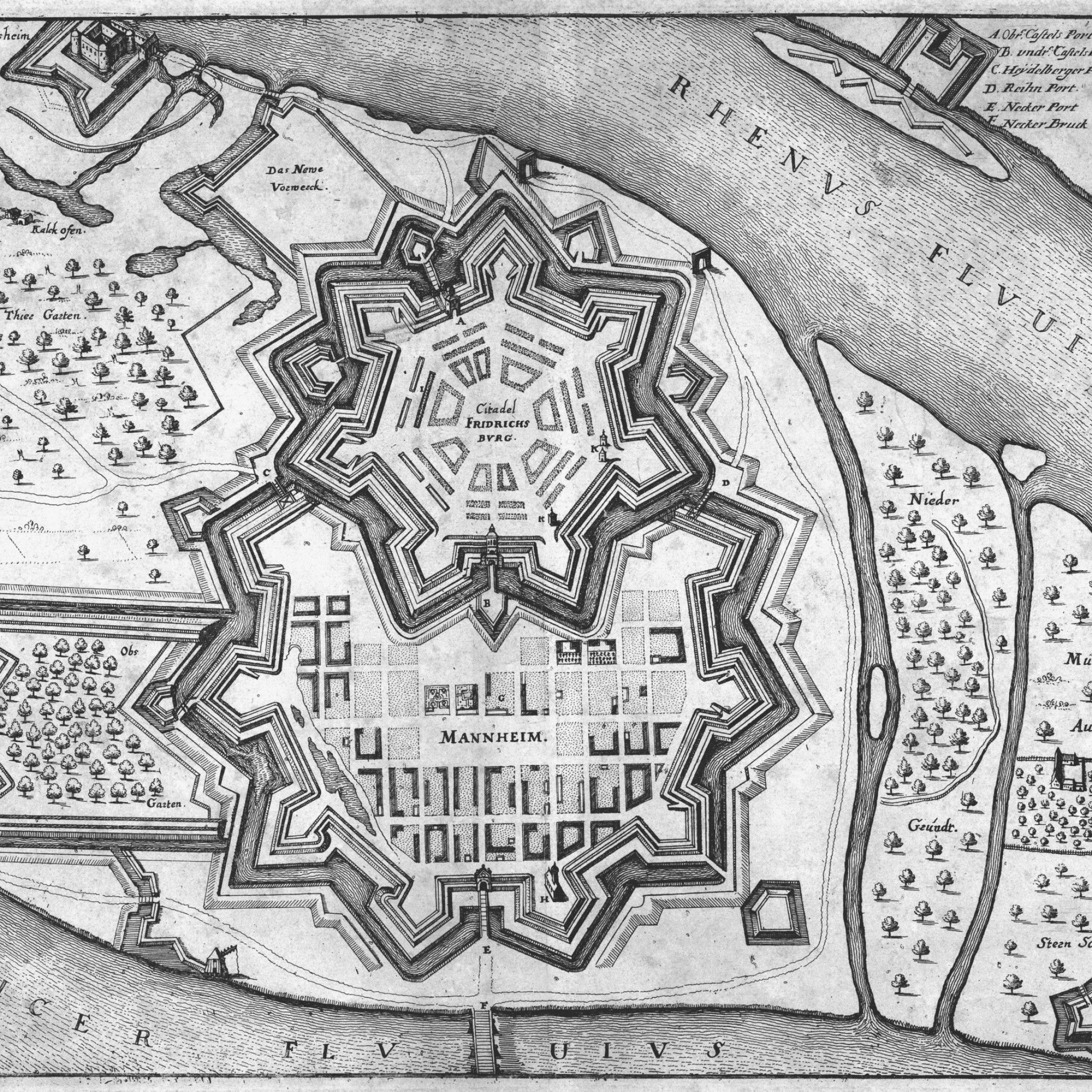 Stadtplan von Mainheim, 1645 nach Matthias Merian