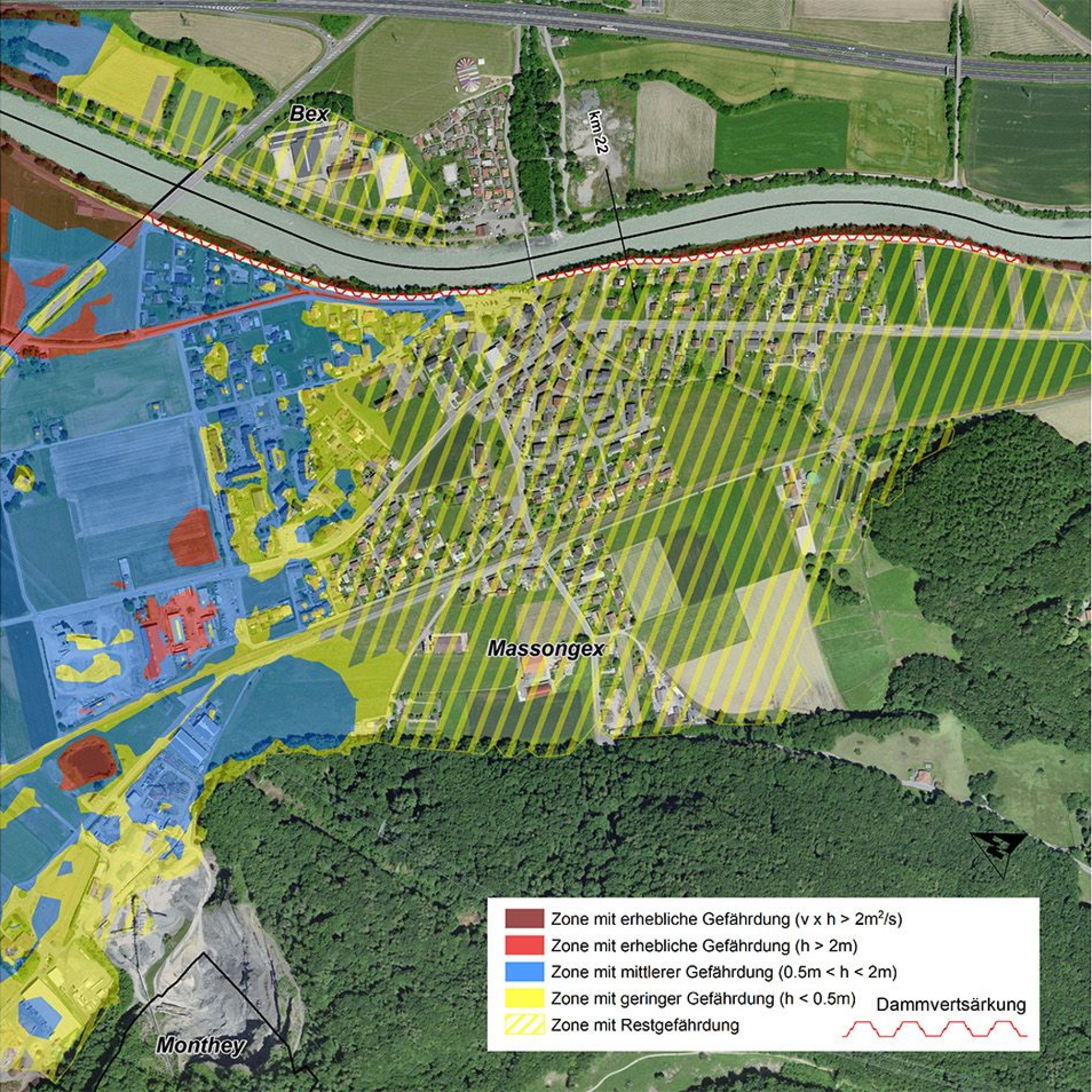 Gefahrenkarte im Gebiet Massongex nach den Arbeiten