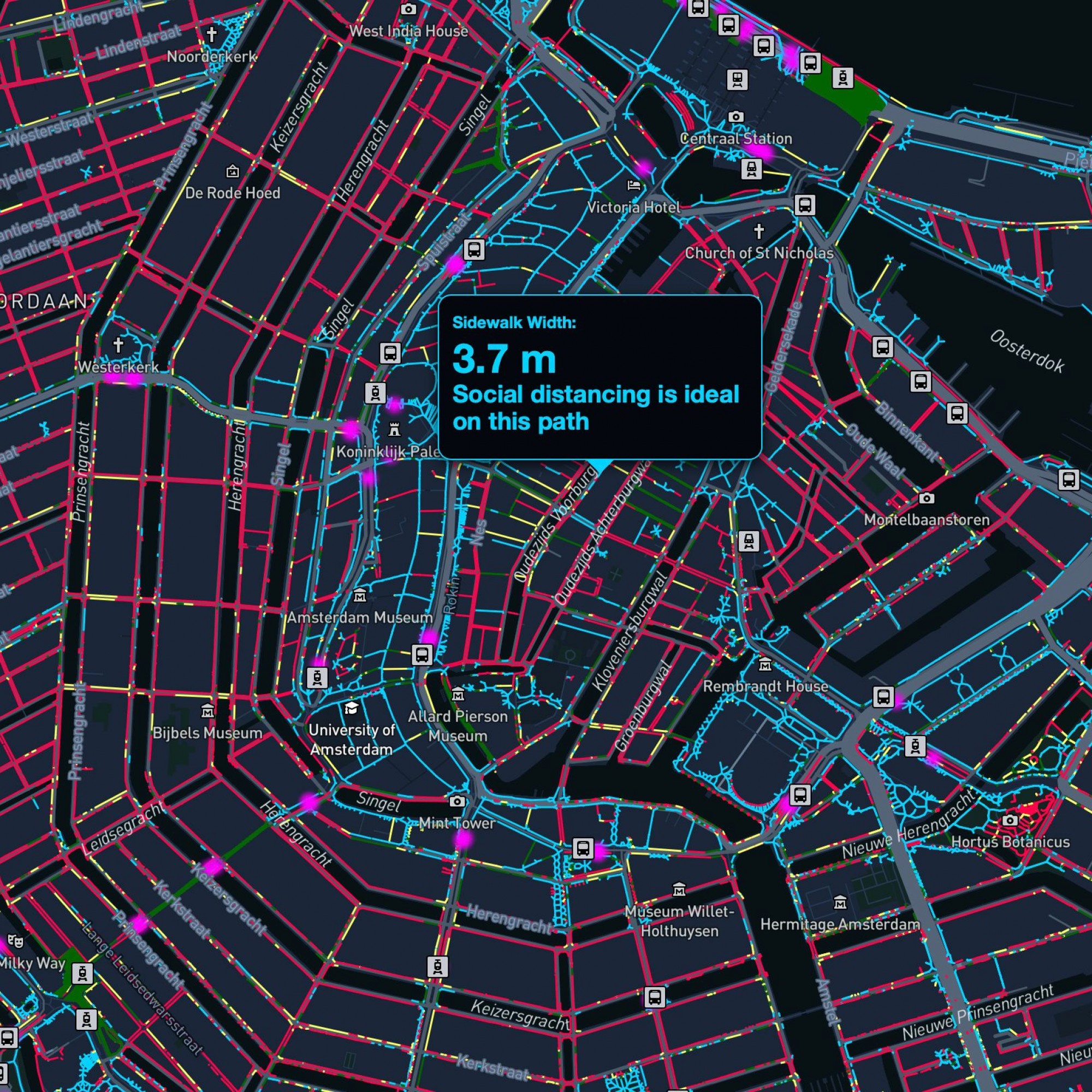 Social Distancing Dashboard, Zentrum von Amsterdam, Screenshot.